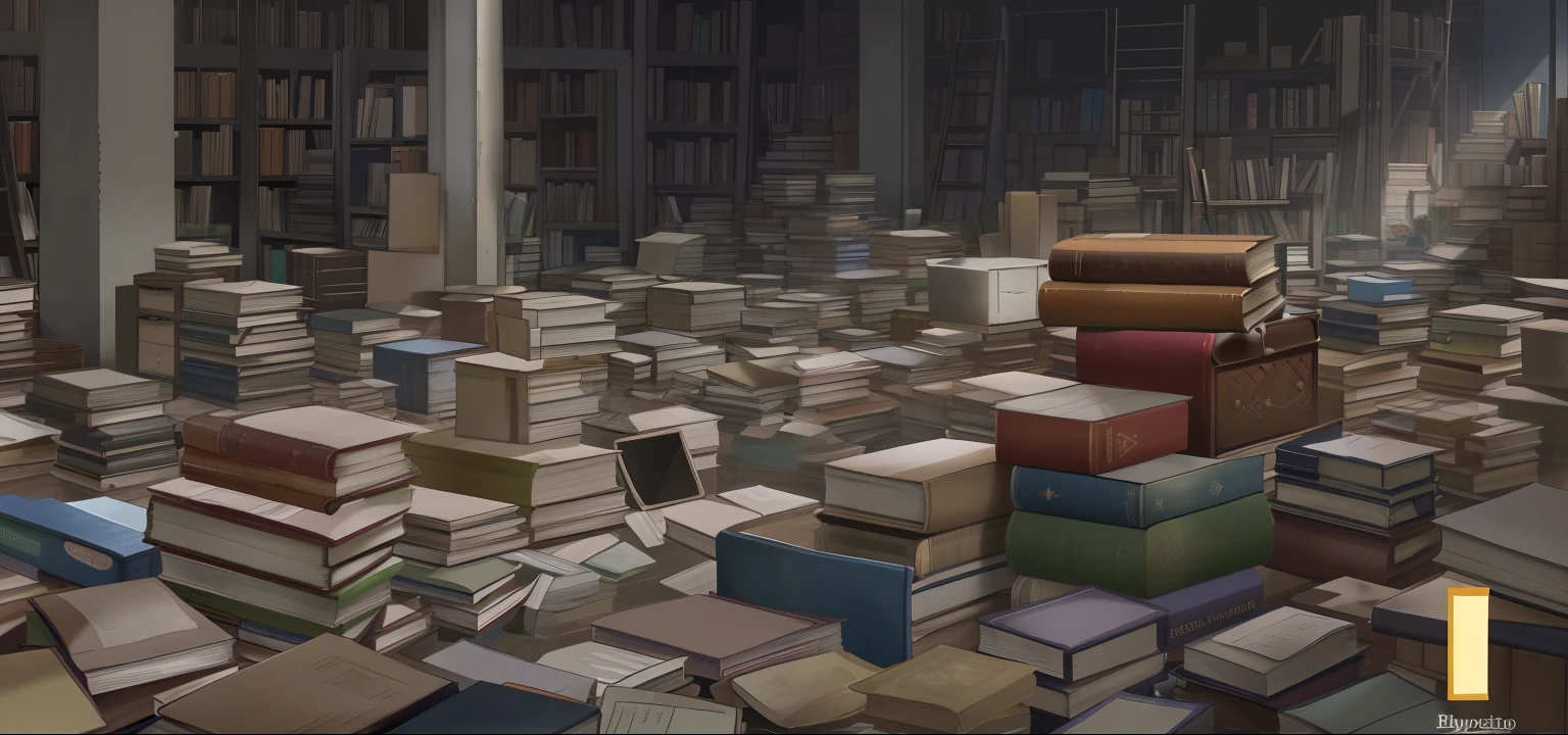 A pile of books in a warehouse,In the background stands a woman, Endless books piled up in the water,Flooding flooded warehouses, A stack of giant books, Books soaked in water are everywhere, video still, books messy about the room, Books soaked in water, Piles of soaked books, Cluttered medium shot, well-illuminated, A lot of books, Book Cave, junk, Piles of garbage