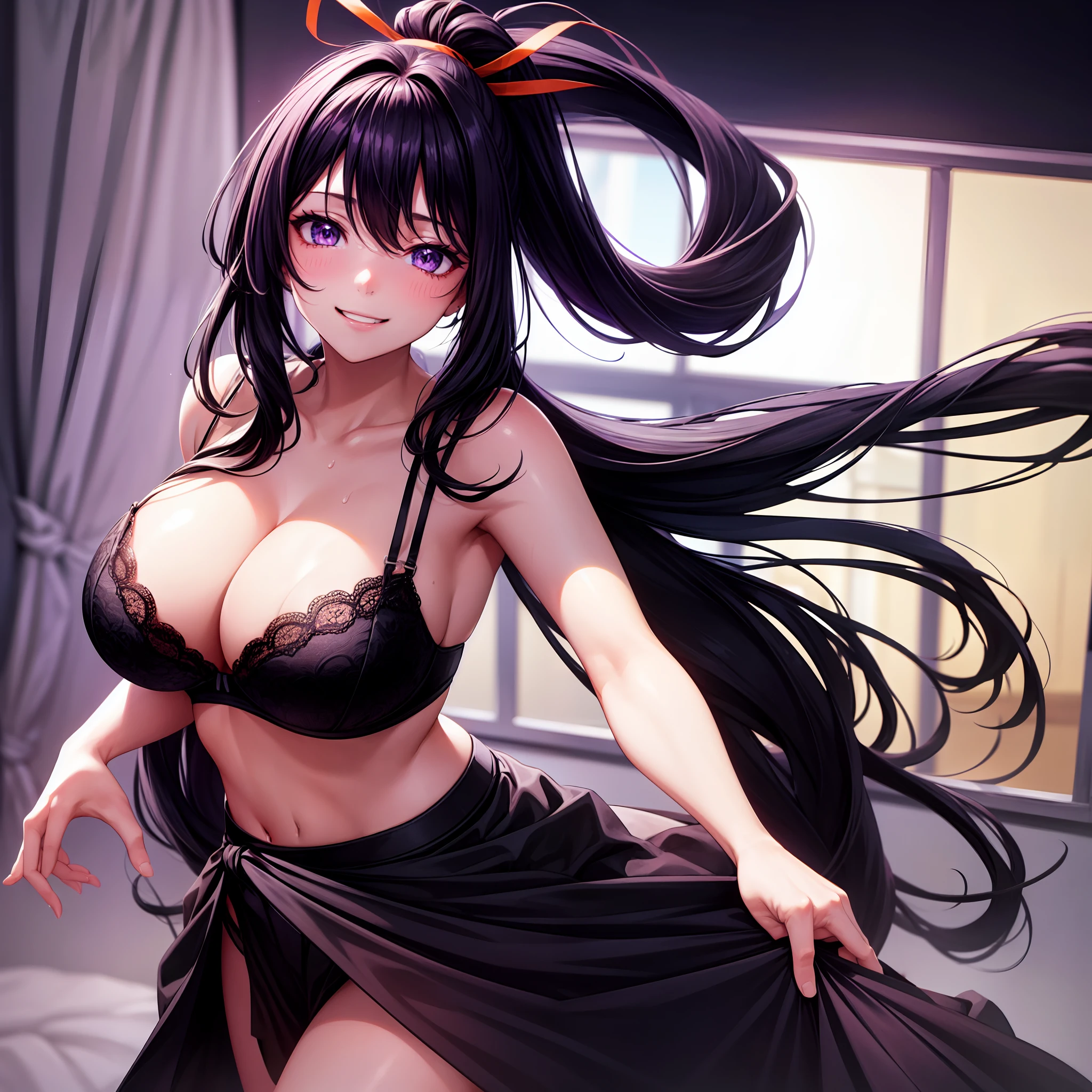 1 girl, long hair, long black hair, ponytail, reaching all the way down to the floor with two strands sticking out from the top and sloping backward, with an orange ribbon keeping it in place, violet eyes, large breast, unbottened shirt, revealing bra, see through bra from shirt, black mini skirt, drenched in sweat, smiling, inside the classroom, looking at viewers,