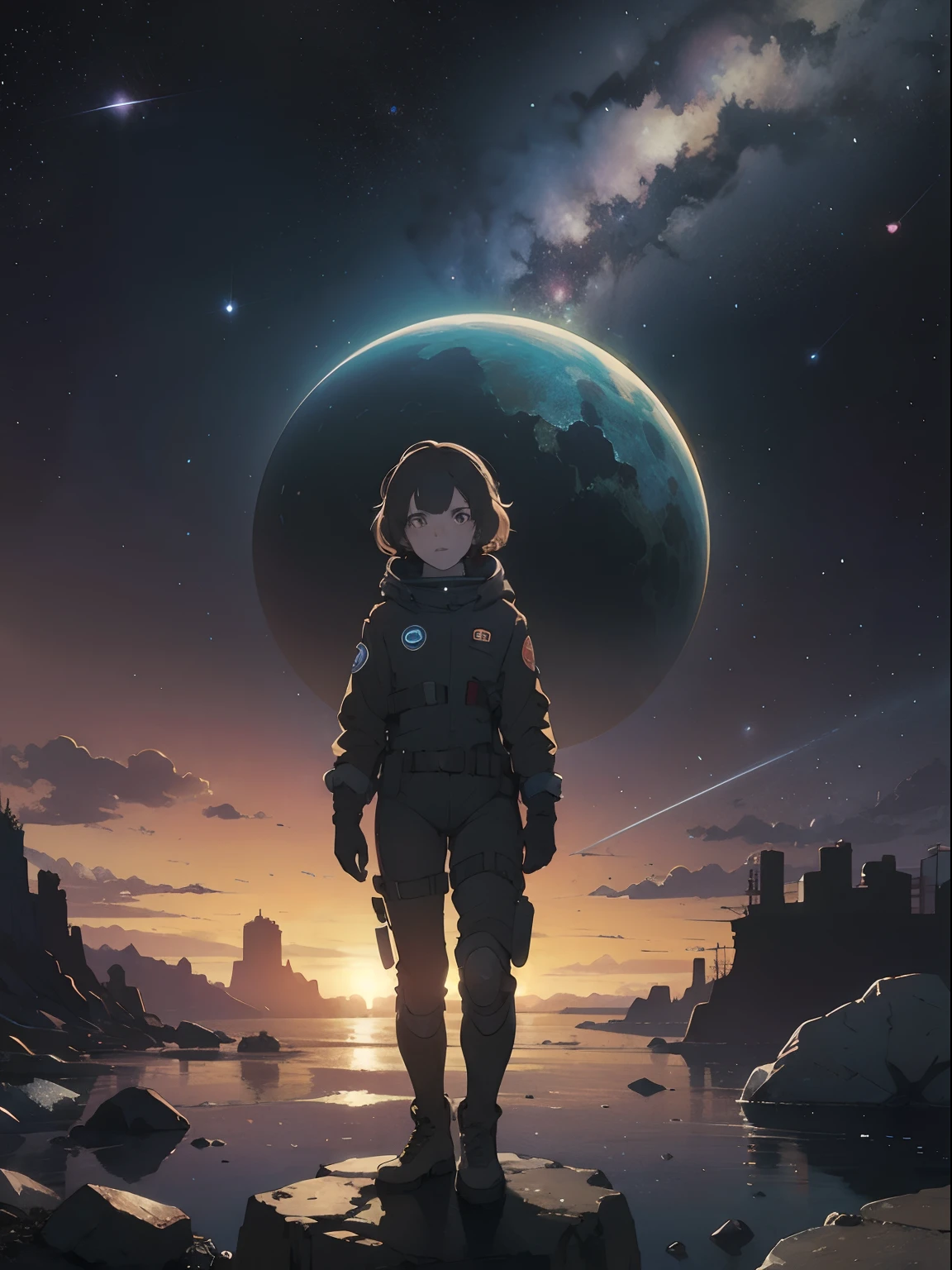 a Chilean girl in a wasteland, explorer suit, alien planet, space, starfield, kid, Rocky Shore