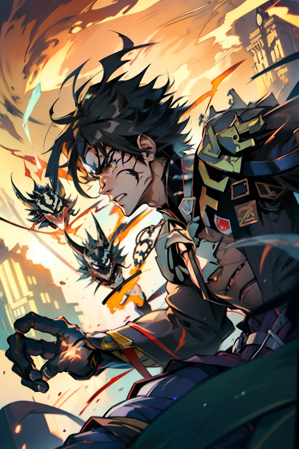 《the original god》Arataki Kazuto , male people,,((Masterpiece)), ((Best quality)), Ultra detailed,((illustration)), Dynamic Angle, Detailed light, (Delicate eyes), Floating, 1boy, Male focus, Head, Clothing, Yellow eyes, necklace, tattoo, (Forehead:0.8), (ahoge:0.8), jewelry, apathy,Ray, chest muscle, Sexy , Venom symbiote for your body, Black mucus of the body , (into venom), Venom,frontage,style of anime4 K, 4K anime wallpaper, Badass anime 8 K, 4 k comic wallpaper, young anime man, Anime boys, Anime wallpapers 4 k, Anime wallpaper 4K, High quality anime art style, Anime moe art style, Anime art wallpaper 8 K, Anime art wallpaper 4 K, RGB lighting