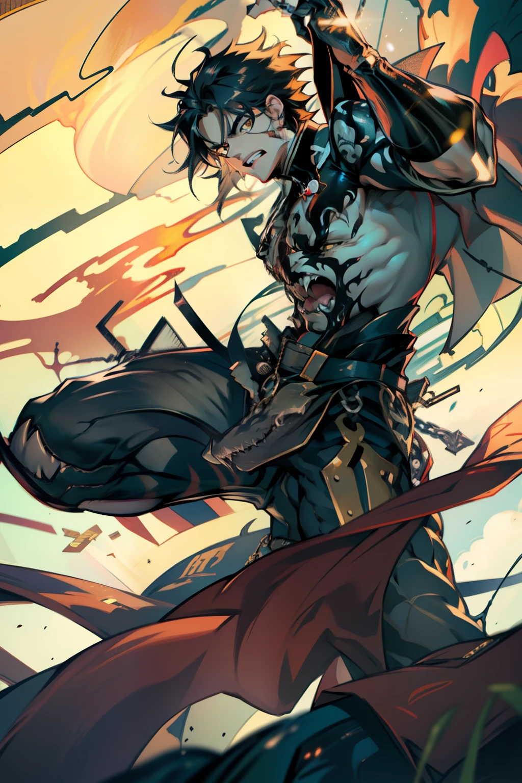 《the original god》Arataki Kazuto , male people，，((Masterpiece)), ((Best quality)), Ultra detailed,((illustration)), Dynamic Angle, Detailed light, (Delicate eyes), Floating, 1boy, Male focus, Head, Clothing, Yellow eyes, necklace, tattoo, (Forehead:0.8), (ahoge:0.8), jewelry, apathy，Ray， chest muscle， Sexy , Venom symbiote for your body, Black mucus of the body , （into venom）, Venom，frontage，style of anime4 K， 4K anime wallpaper， Badass anime 8 K， 4 k comic wallpaper， young anime man， Anime boys， Anime wallpapers 4 k， Anime wallpaper 4K， High quality anime art style， Anime moe art style， Anime art wallpaper 8 K， Anime art wallpaper 4 K， RGB lighting