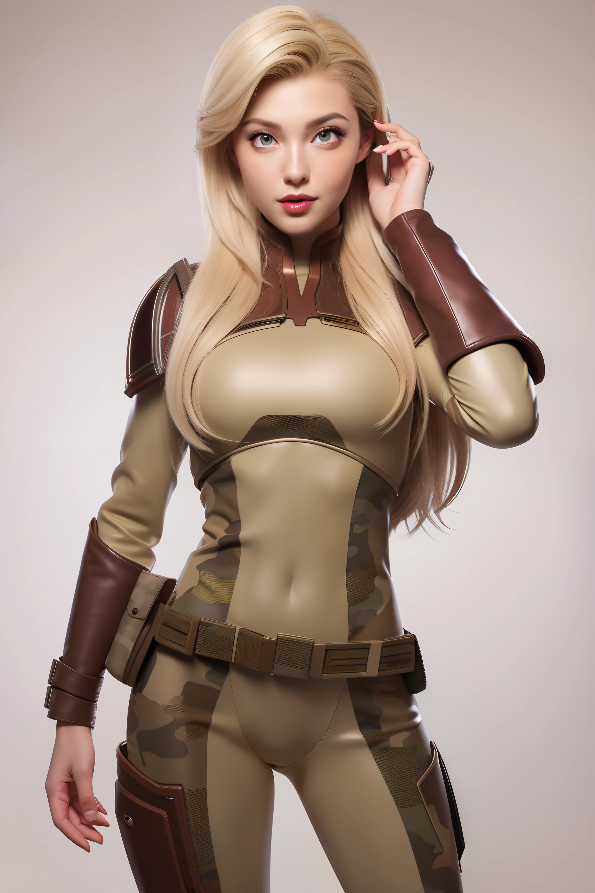 Beautiful Face Woman、a blond、Beige camouflage pattern background、 Beautuful Women、18year old、prety woman、hyper realistic photography、High-definition photos、red lipsticks、Mandalorian style miniskirt suit in metal armor、The skin is not very exposed、Do not cut your head off the screen、Red camouflage、Facing the front