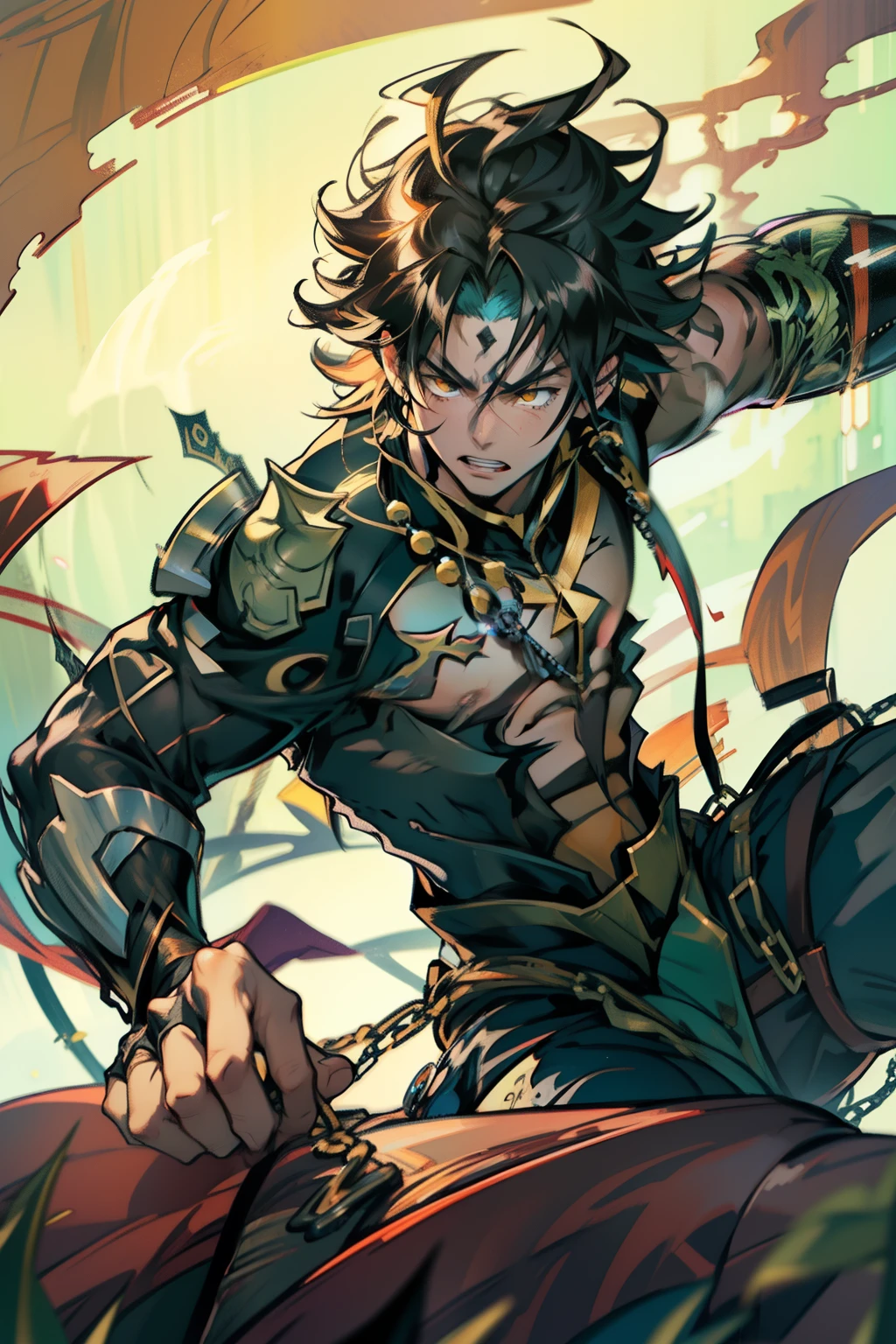 《the original god》Arataki Kazuto , male people,,((Masterpiece)), ((Best quality)), Ultra detailed,((illustration)), Dynamic Angle, Detailed light, (Delicate eyes), Floating, 1boy, Male focus, Head, Clothing, Yellow eyes, necklace, tattoo, (Forehead:0.8), (ahoge:0.8), jewelry, apathy,Ray, chest muscle, Sexy , Venom symbiote for your body, Black mucus of the body , (into venom), Venom,frontage,style of anime4 K, 4K anime wallpaper, Badass anime 8 K, 4 k comic wallpaper, young anime man, Anime boys, Anime wallpapers 4 k, Anime wallpaper 4K, High quality anime art style, Anime moe art style, Anime art wallpaper 8 K, Anime art wallpaper 4 K, RGB lighting