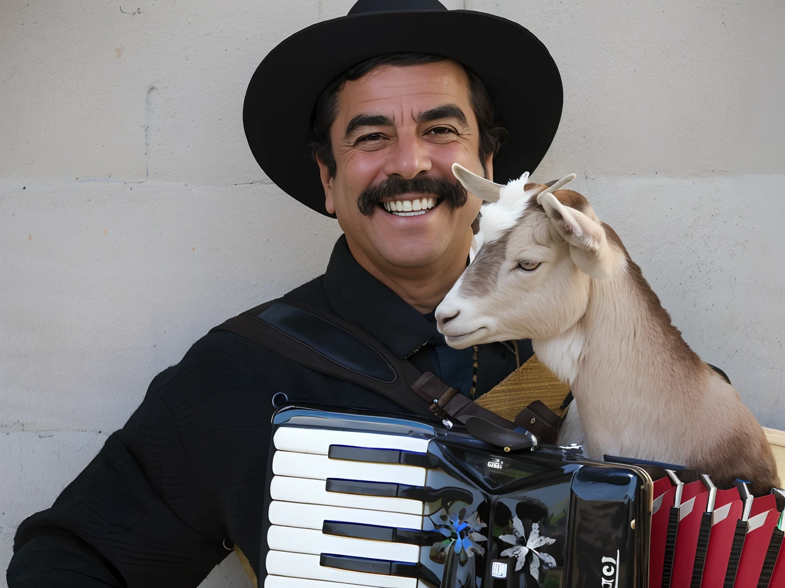 HD, 4K, portuguese singer Quim Barreiros, He is wearing a black hat with a wide brim and has a big smile on his face. His clothing consists of an off-white fur coat, brown trousers, and black shoes. On his shoulder sits a white goat with its head resting against him. In one hand he holds an accordion. The light shines brightly in the background as they stand indoors of a TV studio. This picture captures Quim's joyous spirit as he plays music for all to hear while embracing his beloved pet goat close to him. matte