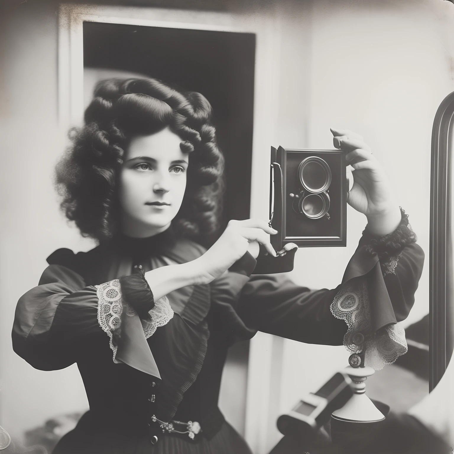 woman with Taking selfie in mirror with camera, 1880s, vintage, Victorian era clothing, curly hair, Caucasian.  Vintage, black and white image, vintage selfie, 1880s, low quality.