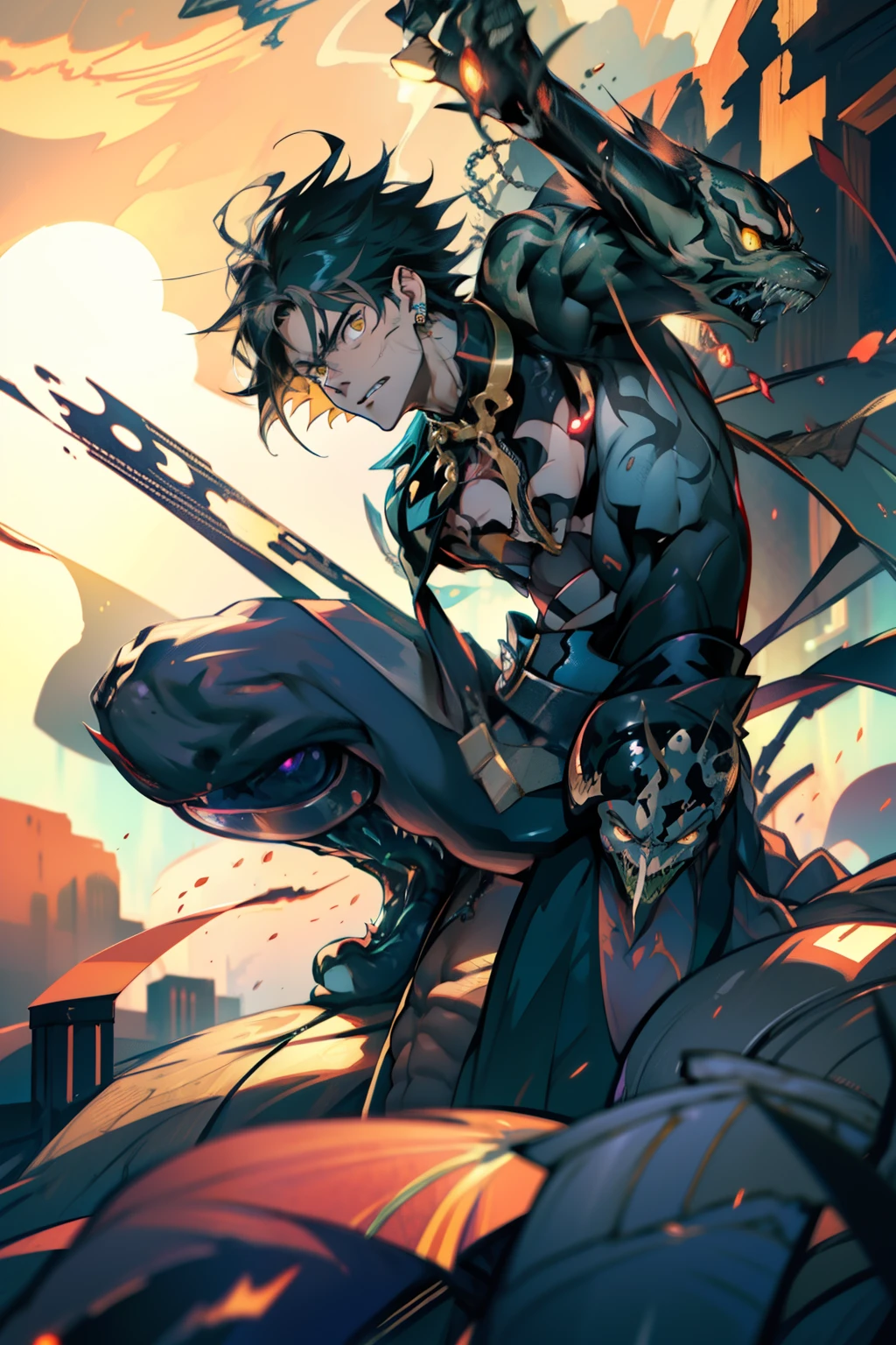 《the original god》Arataki Kazuto , male people,,((Masterpiece)), ((Best quality)), Ultra detailed,((illustration)), Dynamic Angle, Detailed light, (Delicate eyes), Floating, 1boy, Male focus, Head, Clothing, Yellow eyes, necklace, tattoo, (Forehead:0.8), (ahoge:0.8), jewelry, apathy,Ray, chest muscle, Sexy , Venom symbiote for your body, Black mucus of the body , (into venom), Venom,frontage,style of anime4 K, 4K anime wallpaper, Badass anime 8 K, 4 k comic wallpaper, young anime man, Anime boys, Anime wallpapers 4 k, Anime wallpaper 4K, High quality anime art style, Anime moe art style, Anime art wallpaper 8 K, Anime art wallpaper 4 K, RGB lighting