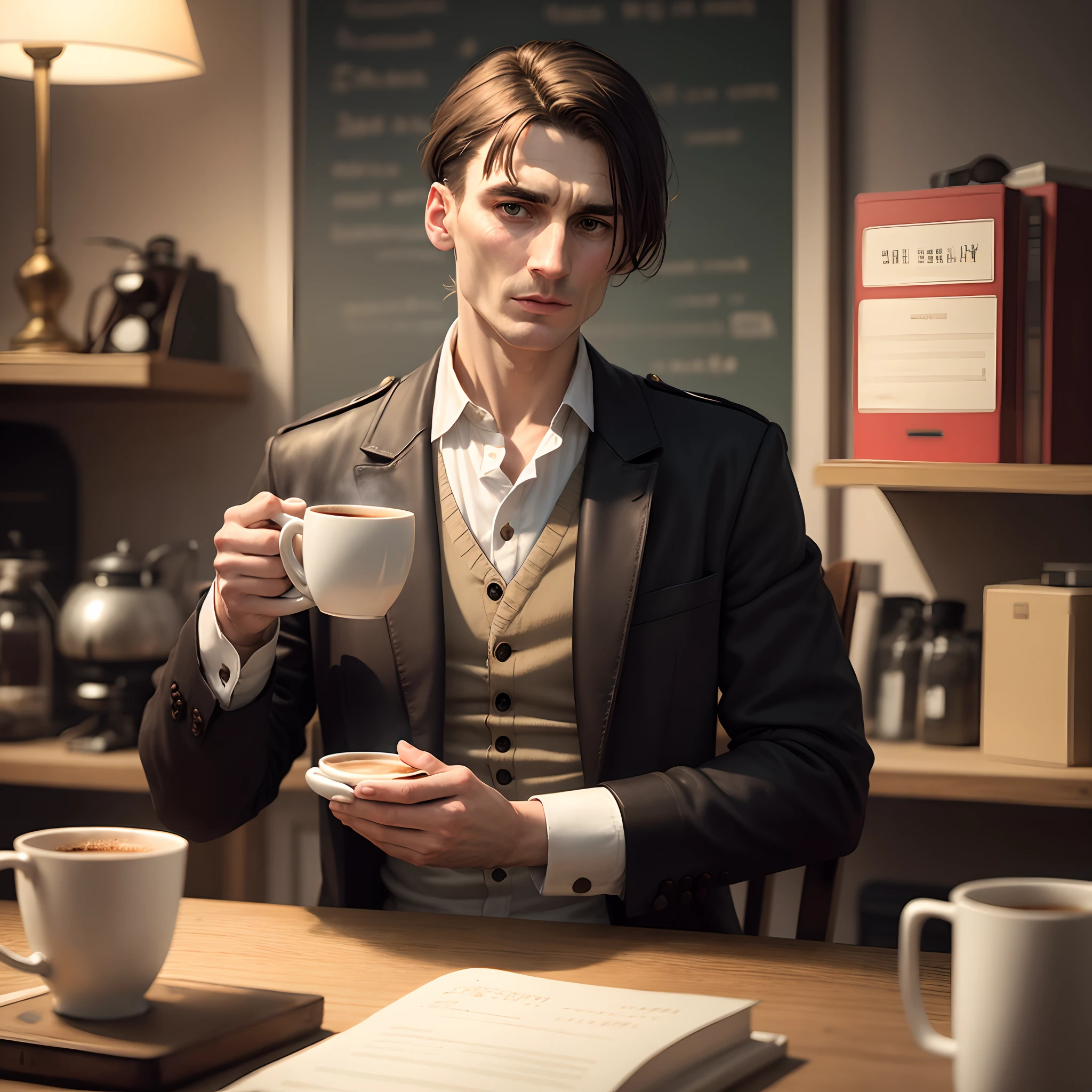 Tomas shelby holding a cup of coffee