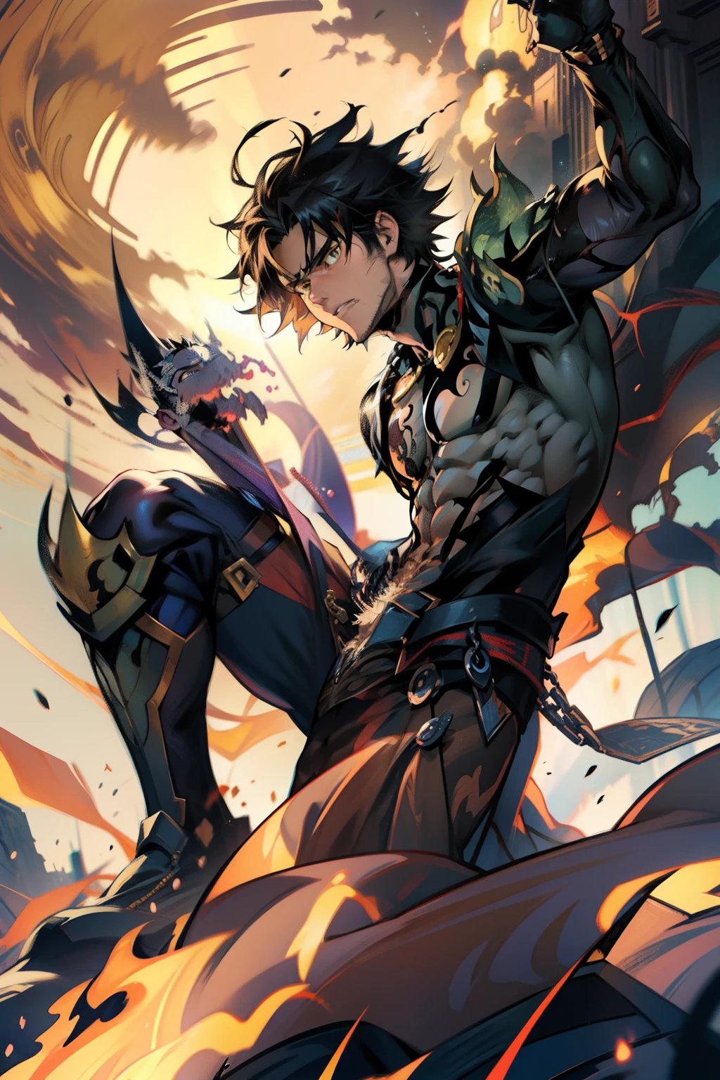 《the original god》Arataki Kazuto , male people,,((Masterpiece)), ((Best quality)), Ultra detailed,((illustration)), Dynamic Angle, Detailed light, (Delicate eyes), Floating, 1boy, Male focus, Head, Clothing, Yellow eyes, necklace, tattoo, (Forehead:0.8), (ahoge:0.8), jewelry, apathy,Ray, chest muscle, Sexy , Venom symbiote for your body, Black mucus of the body , (into venom), Venom,frontage,style of anime4 K, 4K anime wallpaper, Badass anime 8 K, 4 k comic wallpaper, young anime man, Anime boys, Anime wallpapers 4 k, Anime wallpaper 4K, High quality anime art style, Anime moe art style, Anime art wallpaper 8 K, Anime art wallpaper 4 K, RGB lighting