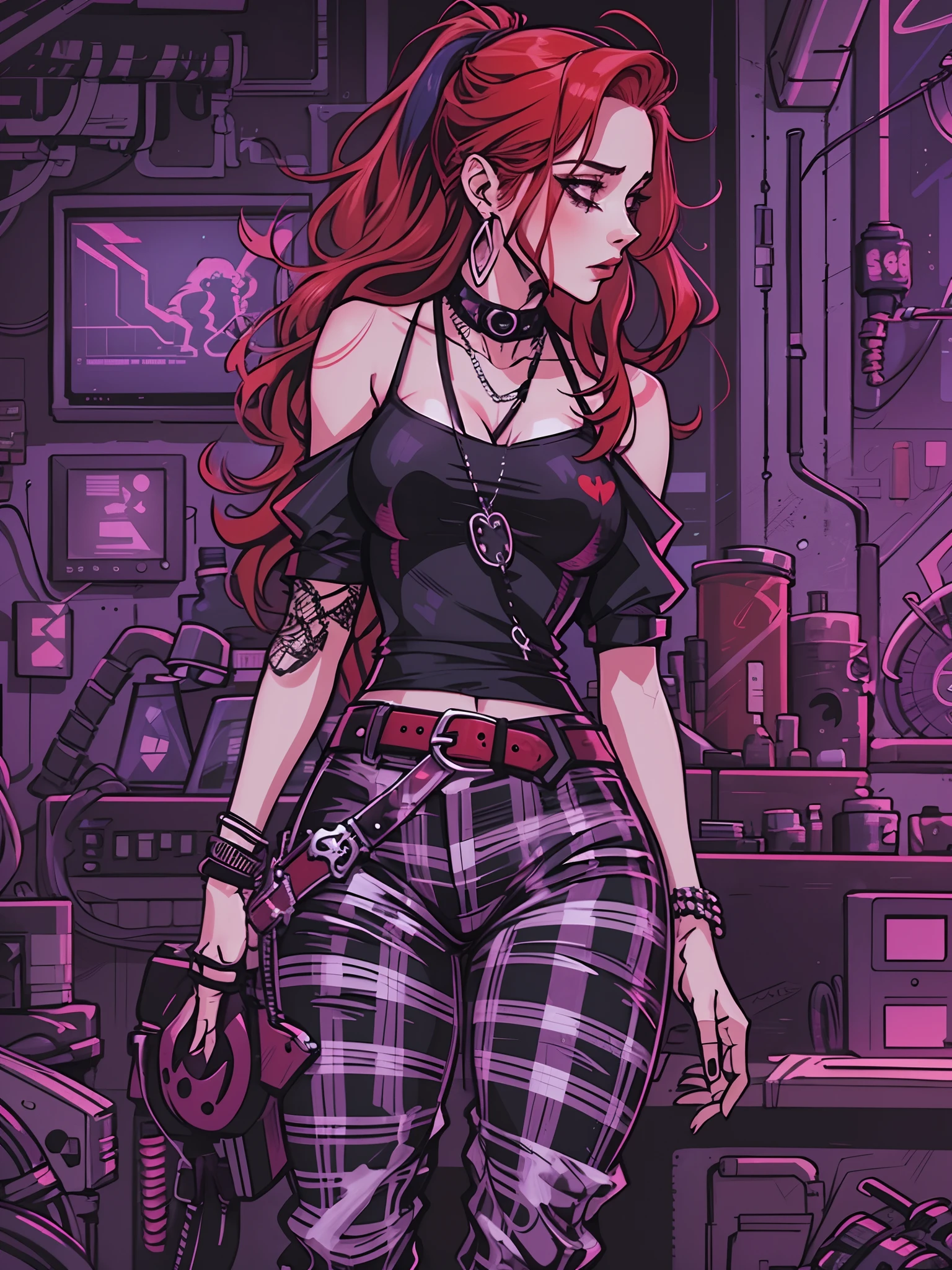 a woman with red hair wearing a black top and plaid pants, cyberpunk art, gothic art, aesthetic cute with flutter, toon aesthetic, wearing red attire, wearing gothic accessories