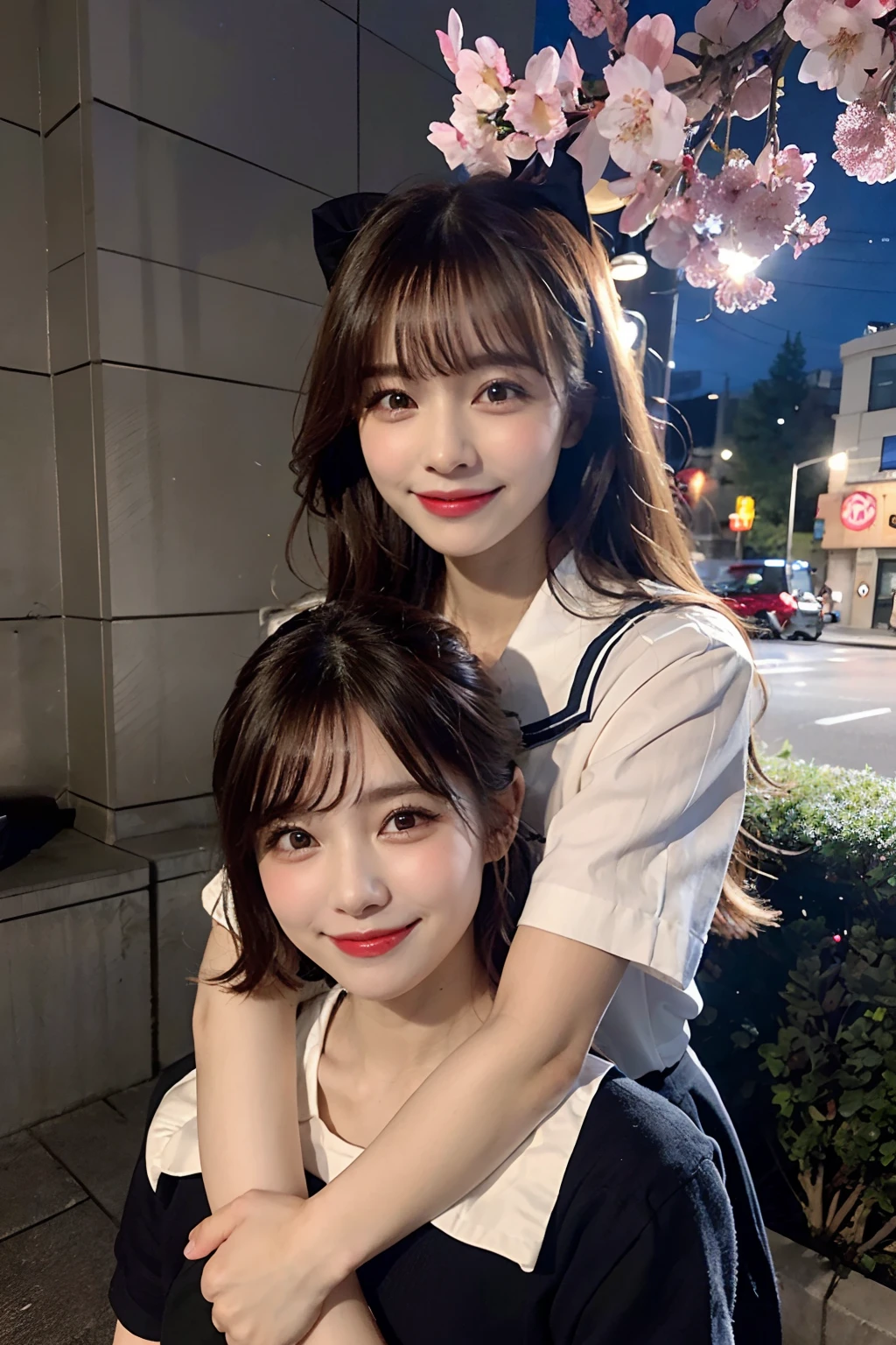 (8K,Raw photo、Raw photo、top-quality、Master masterpiece:1.2)、ultra-detailliert、Super Resolution、(Photorealsitic:1.3)、((Woman in the back hugs the woman in front))、((Woman hugging with arms around her from behind.))、high resolution RAW color photos、professional photograpy、Same skin type as humans、Female proofreading of Japan from head to waist、Blur the background、Draws faithfully to anatomy、Correct number of fingers、(Very beautiful and detailed night cherry blossom trees 1:1.37)((Cherry blossoms fluttering in the wind))、fullmoon、Very detailed and beautiful、Ultra-high image quality、Half-up hairstyle、Bun hair、poneyTail、High school girl in sailor suit、(Puffy cheeks)Detailed uniforms、Each face has its own distinctive features、Different face patterns、Farbe々Hairstyle、Brown hair fluttering in the night breeze、Hair swaying and sexy、Very detailed beautiful girl、(Pink Eye Shadow)、Red tie、Smiling smile、