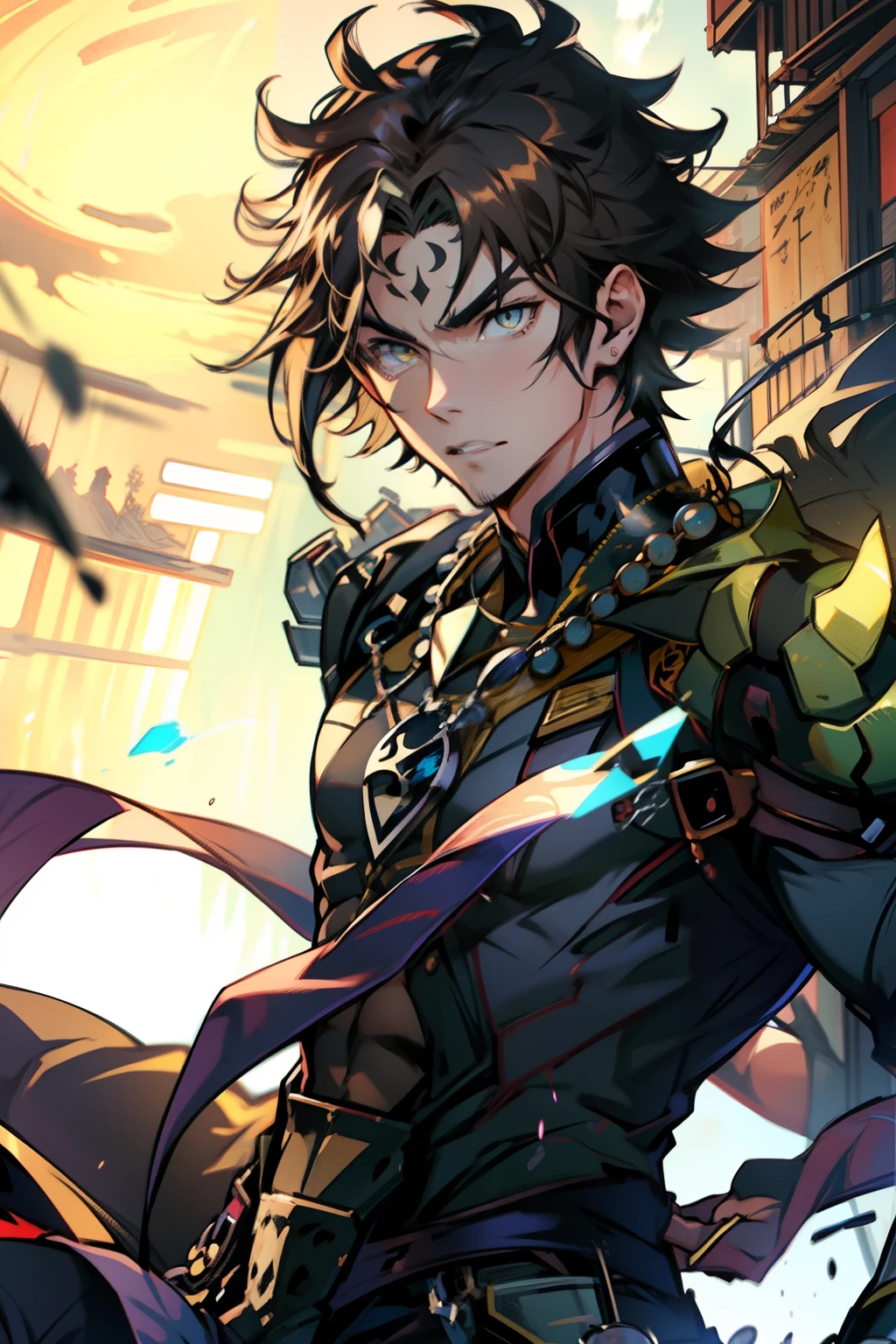 《the original god》Arataki Kazuto , male people，，((Masterpiece)), ((Best quality)), Ultra detailed,((illustration)), Dynamic Angle, Detailed light, (Delicate eyes), Floating, 1boy, Male focus, Head, Clothing, Yellow eyes, necklace, tattoo, (Forehead:0.8), (ahoge:0.8), jewelry, apathy，Ray， chest muscle， Sexy , Venom symbiote for your body, Black mucus of the body , （into venom）, Venom，frontage，style of anime4 K， 4K anime wallpaper， Badass anime 8 K， 4 k comic wallpaper， young anime man， Anime boys， Anime wallpapers 4 k， Anime wallpaper 4K， High quality anime art style， Anime moe art style， Anime art wallpaper 8 K， Anime art wallpaper 4 K， RGB lighting
