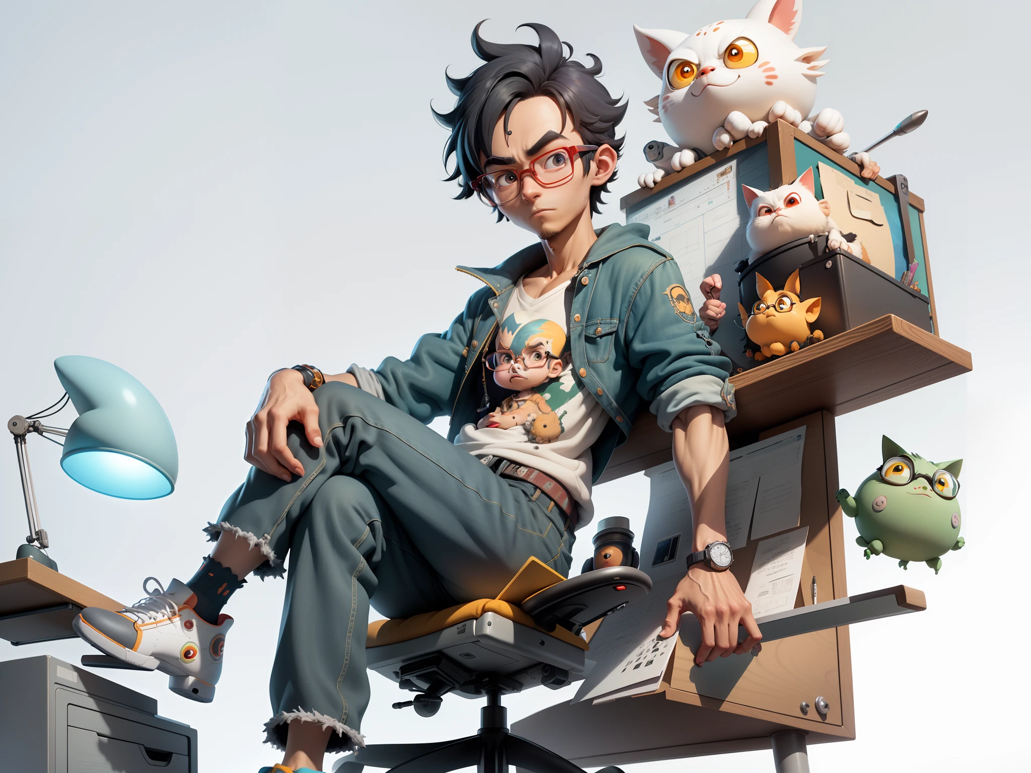 A young man with glasses sits at his desk,holding laptop,digitial painting,3D character design by Mark Clairen and Pixar and Hayao Miyazaki and Akira Toriyama,4K HD illustration,Very detailed facial features and cartoon-style visuals。