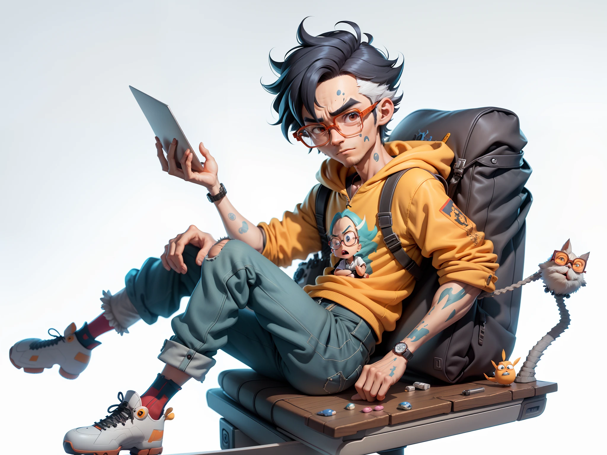 A young man with glasses sits at his desk，holding laptop，digitial painting，3D character design by Mark Clairen and Pixar and Hayao Miyazaki and Akira Toriyama，4K HD illustration，Very detailed facial features and cartoon-style visuals。