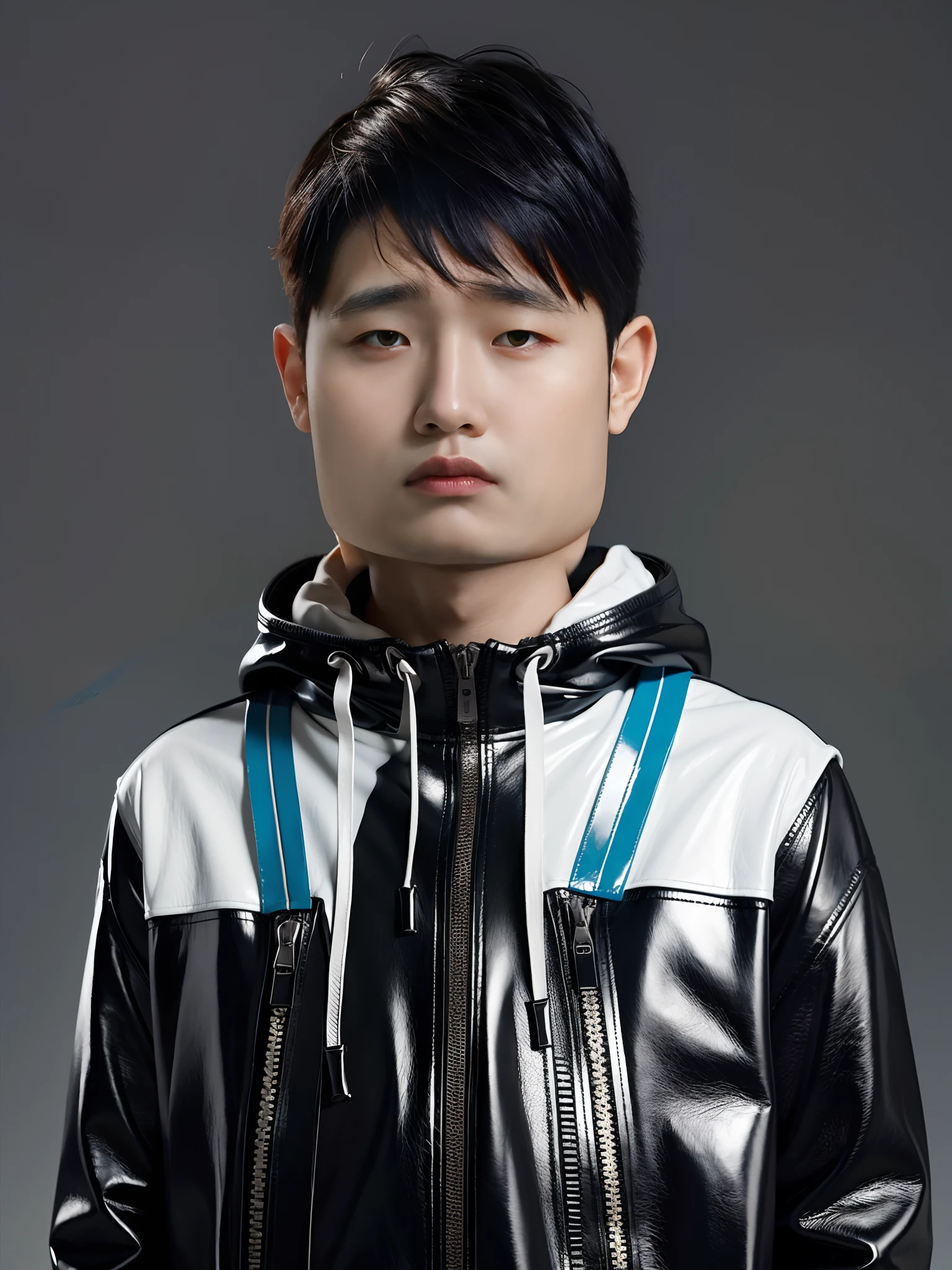 1boys,high high quality,Wearing polyvinyl chloride leather,Zippered hood,cyber punk style,simple backgound, high qulity, A high resolution.