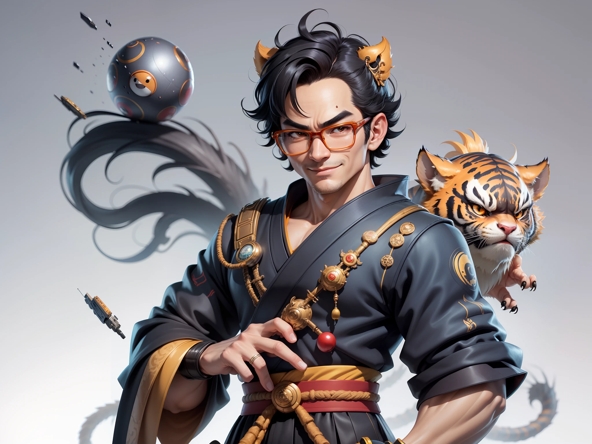 (Masterpiece), (Excellent), (Super Meticulous), (Full Body: 1.2), Super Young Man with Japanese Female Geisha, Pretty, Beautiful, Chinese Dragon, Tiger, Wind God Thor, Sexy, Bursting, Oriental Face, TV Anchor, Bust Portrait Illustration, Black Suit, Blue Tie, Slightly Chubby Face, Silver Glasses, Very Clean Face, No Beard on Chin, Black Super Short Hair, Black Eyes, Confident Smile, 3c Computer Sub-Products, iPad, iPhone, Digital Painting, 3D character design by Mark Clairedon and Pixar and Hayao Miyazaki and Akira Toriyama, the illustrations are HD illustrations in 4K resolution with highly detailed facial features and cartoon-style visuals.