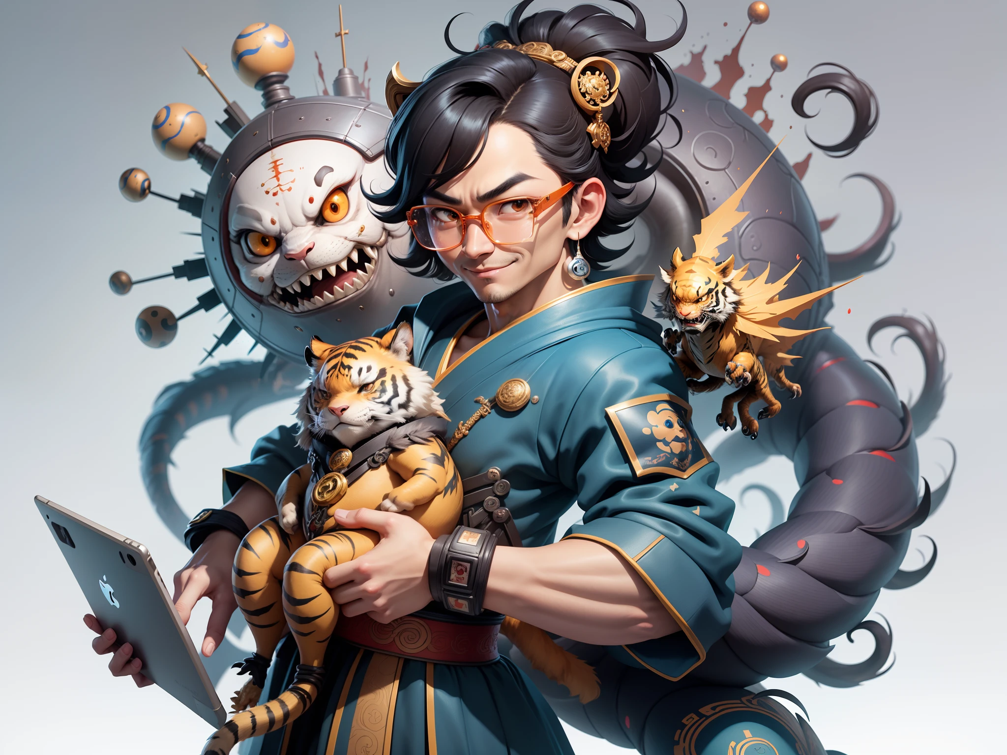 (Masterpiece), (Excellent), (Super Meticulous), (Full Body: 1.2), Super Young Man with Japanese Female Geisha, Pretty, Beautiful, Chinese Dragon, Tiger, Wind God Thor, Sexy, Bursting, Oriental Face, TV Anchor, Bust Portrait Illustration, Black Suit, Blue Tie, Slightly Chubby Face, Silver Glasses, Very Clean Face, No Beard on Chin, Black Super Short Hair, Black Eyes, Confident Smile, 3c Computer Sub-Products, iPad, iPhone, Digital Painting, 3D character design by Mark Clairedon and Pixar and Hayao Miyazaki and Akira Toriyama, the illustrations are HD illustrations in 4K resolution with highly detailed facial features and cartoon-style visuals.