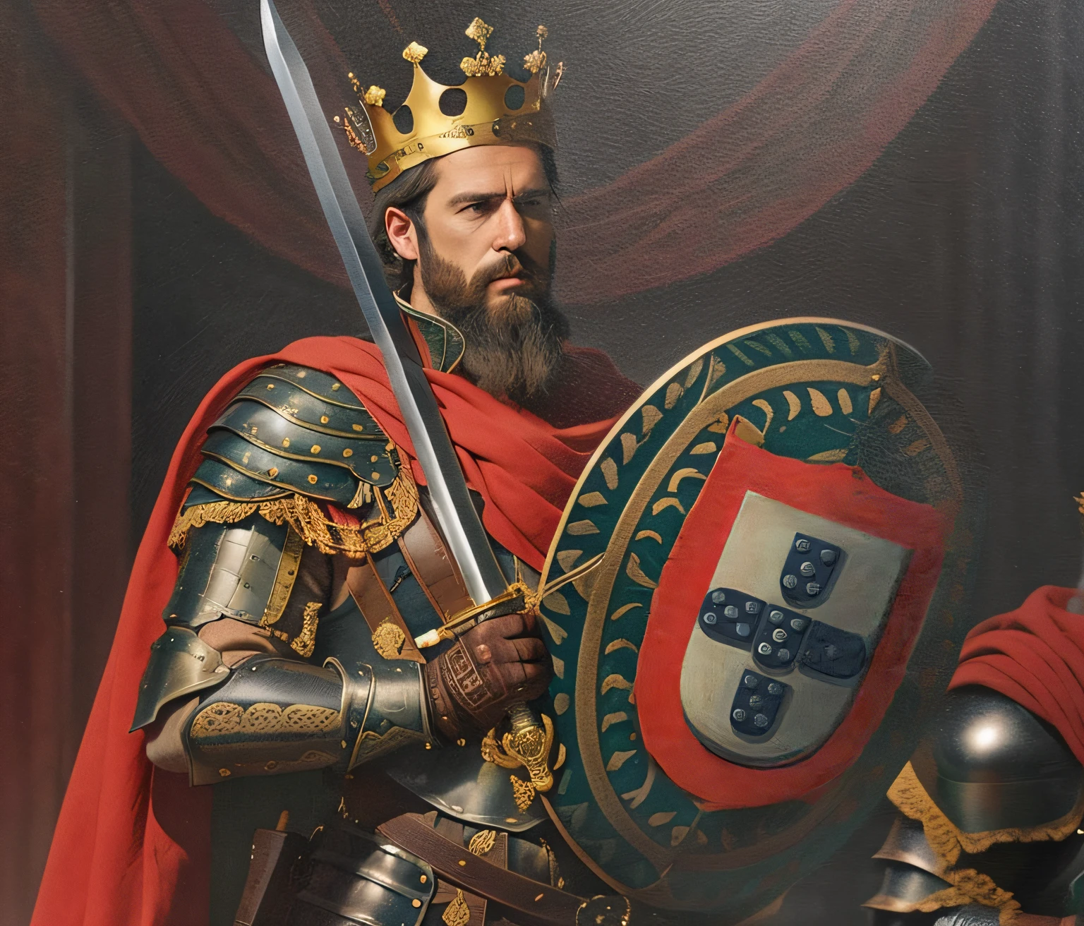 cinematic, 4K, HD, realistic, a man wearing a crown and armor, holding a shield in one hand and a sword in the other. He has an intense expression on his face, with furrowed brows and pursed lips. He has a very short brown hairstyle and a long curly brown beard. His eyes are focused ahead of him although he seems relaxed at the same time. The man's clothing consists of brown leather armor that covers most of his body, including his chest, arms, legs and feet. On top of this he wears a golden crown atop his head which adds to the regal air about him. The colors used are mostly shades of grey with some accents of brown from the leather armor and gold from the crown. use of color to create depth within the image. 44 years old, cinematic, keep his hairstyle very short
