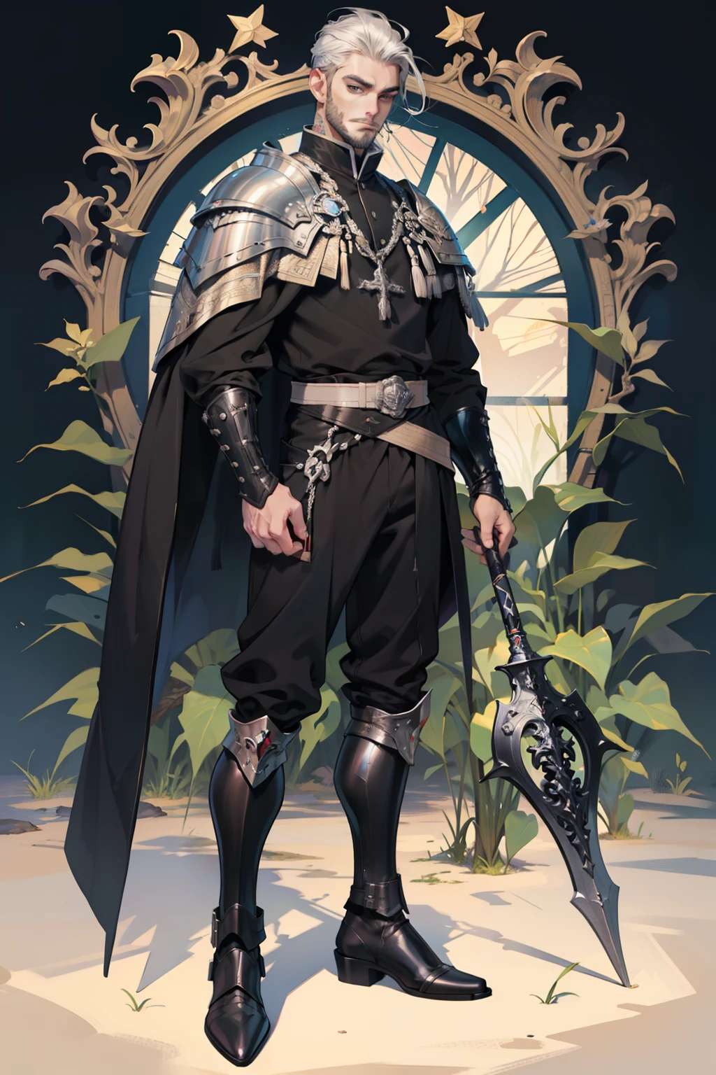 realista, homem idoso, necromante, morte, guerreiro, cabelo branco, barba branca, coroa de ossos, manto medieval preto, armadura medieval branca, pants, bota