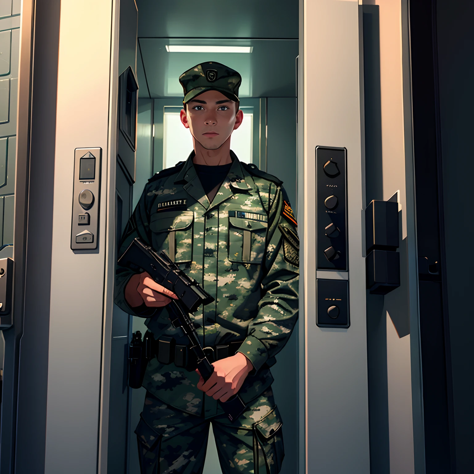 A man in camouflage uniform was at the door，holding cell phone，Futuristic