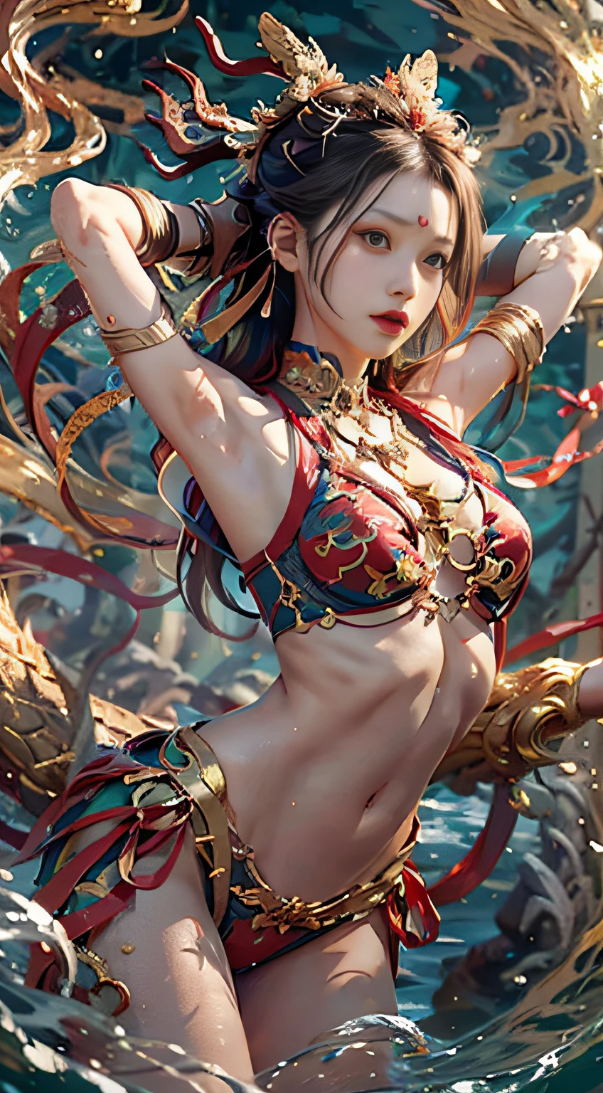 A girl, a dragon behind him, Dunhuang style, underwater, flying action, red ribbon wrapped around the body, surrealism, surrealism, supremacy, classicism, ultra hd, retina, masterpiece, ccurate, textured skin, anatomically correct, super detail, high detail, high quality, 1080P, high resolution, best quality, award-winning, 16k, 8k, 4k, hd