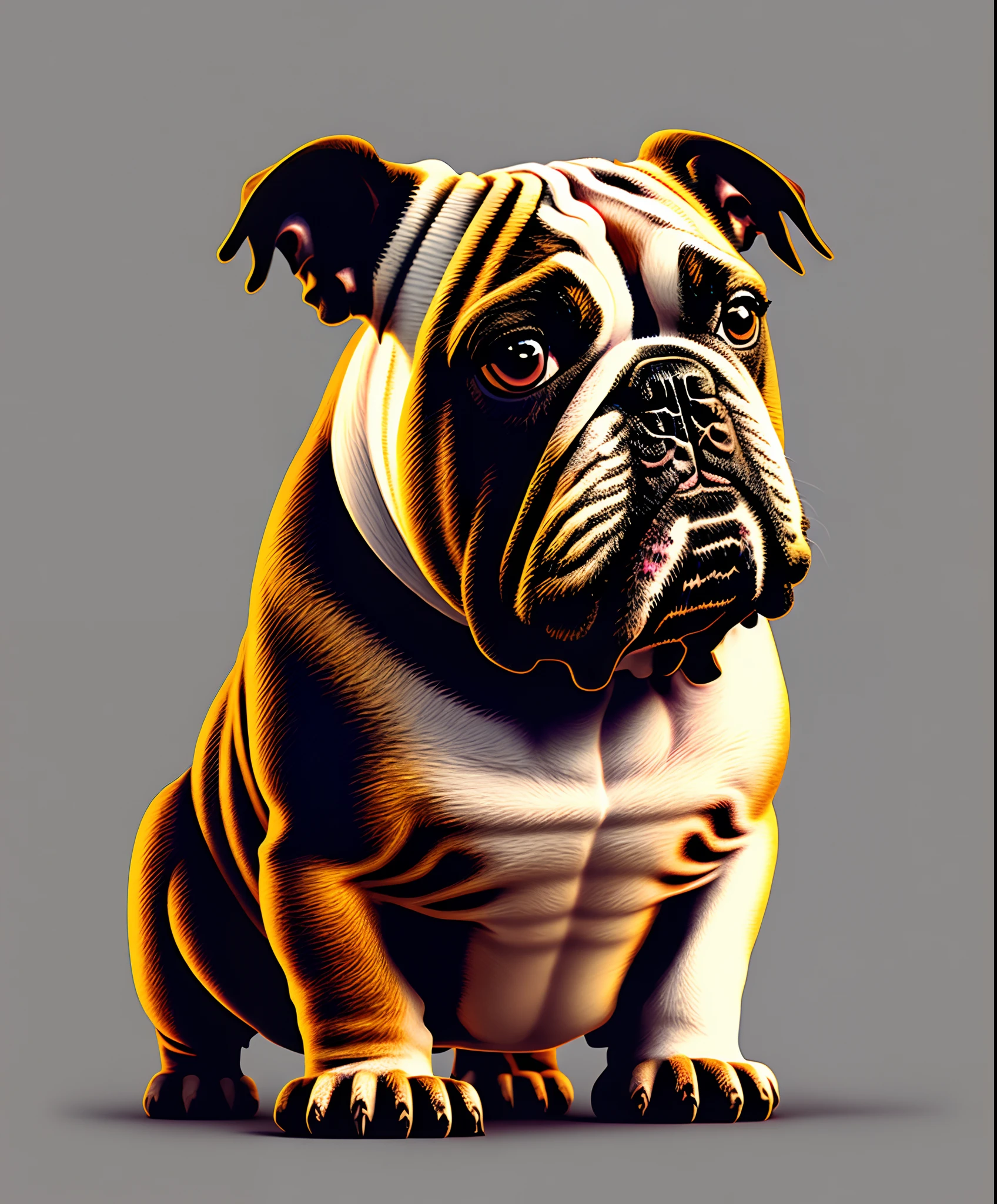 (close up photography of a bulldog), T-shirt logo in conical fine contour style, spelling view, arte em (fundo vazio:1.4)Hands,