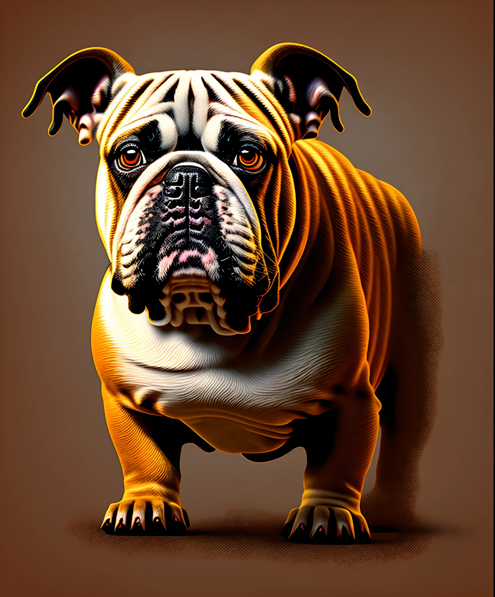 (close up photography of a bulldog), T-shirt logo in conical fine contour style, spelling view, arte em (fundo vazio:1.4)Hands,