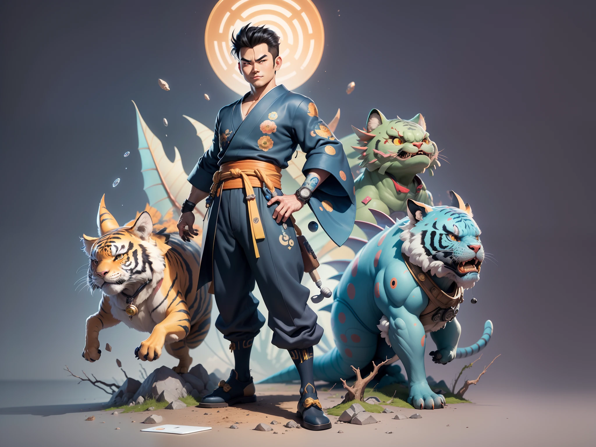 (Masterpiece), (Excellent), (Super Meticulous), (Full Body: 1.2), Super Young Man, Oriental Face, Japanese Kimono, Japanese Wind Thunder God, Dragon, Tiger, TV Anchor, Bust Portrait Illustration, Alone, Black Suit, Blue Tie, Slightly Chubby Face, Very Clean Face, No Beard, Black Super Short Hair, Black Eyes, Confident Smile, 3c Computer Sub-Products, iPad, iPhone, Digital Painting, 3D Character Design by Akira Toriyama and Mark Claireden and Pixar and Hayao Miyazaki, The illustration is a high-definition illustration in 4K resolution with very detailed facial features and cartoon-style visuals.
