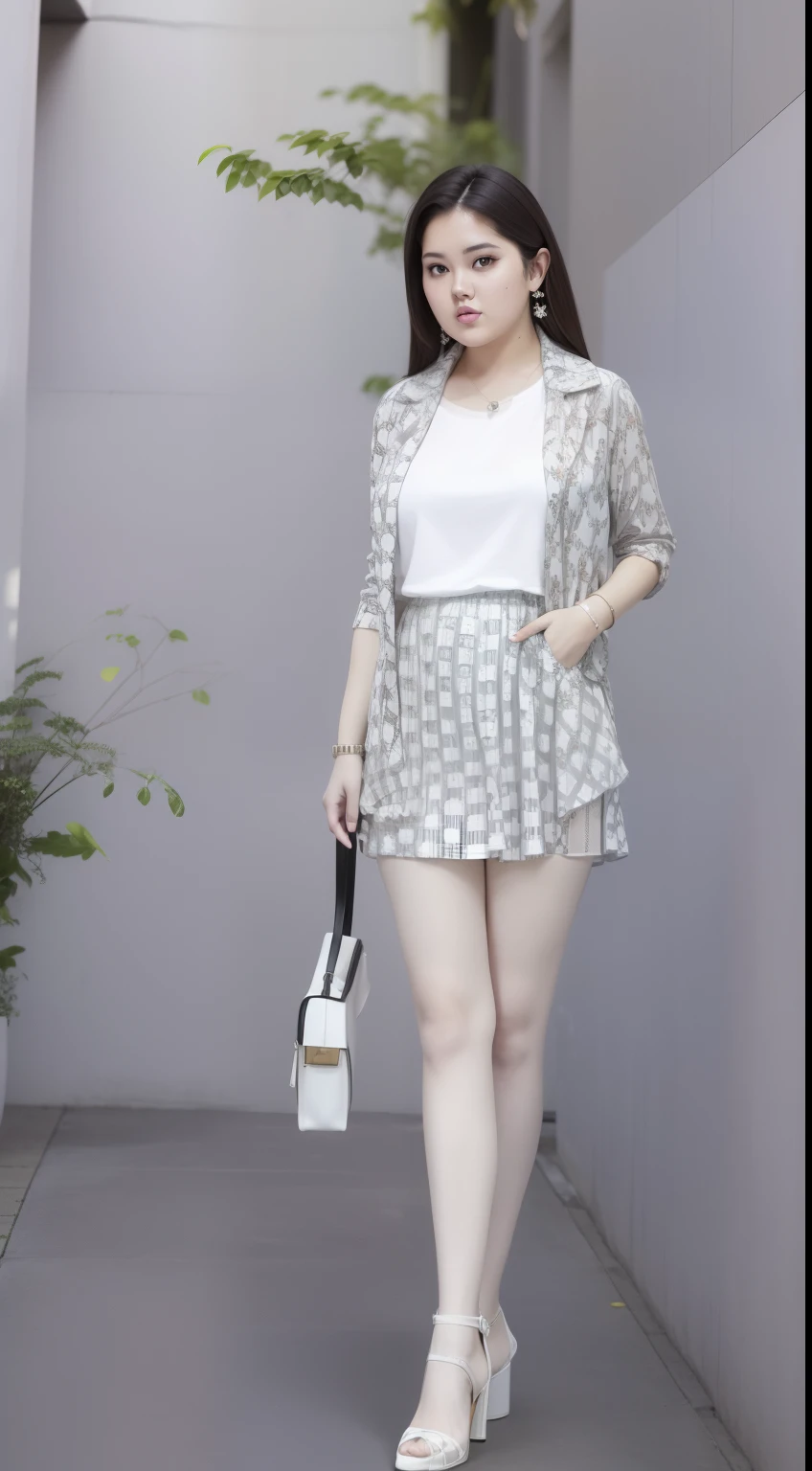 Tall plus-size cute girl, flower print short skirt + white T-shirt, well-proportioned, tall, chubby cute girl, model, red high-heeled leather shoes 👠, height 180cm, height 180cm, long legs, low angle shooting
