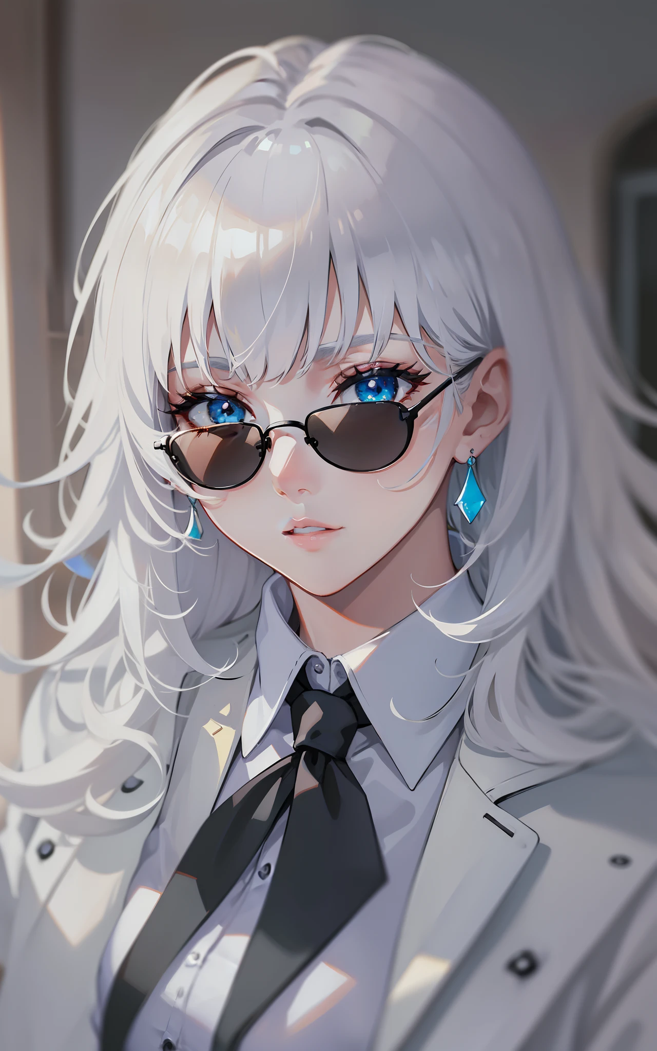 Solo ((perfect handt: 1.2)), White hair, medium hair, best quality, masterpiece, ultra detailed, blunt bangs, beautiful skin, white skin, medium breasts, round sunglasses, both eyes covered, perfeccionism, earrings, cute lips, beautiful, white shirt, black tie, black overcoat, blue eyes, (ruffling hair, messy hair:1.1), sexy, beautiful lighting, beautiful shadows, dinamic angle, big quality, (upper body 1.1)