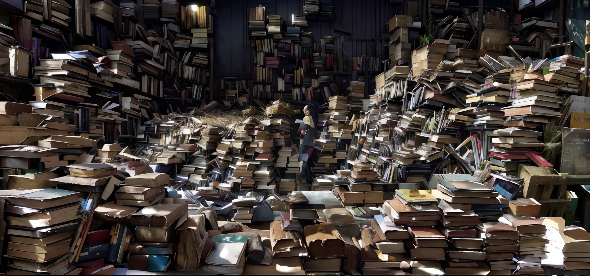 Metal piles in warehouses，In the background stands a woman, endless books, in a ravaged library, A stack of giant books, books all over the place, video still, books messy about the room, Filled with books, Piles of books, Cluttered medium shot, well-illuminated, A lot of books, Book Cave, junk, Piles of garbage