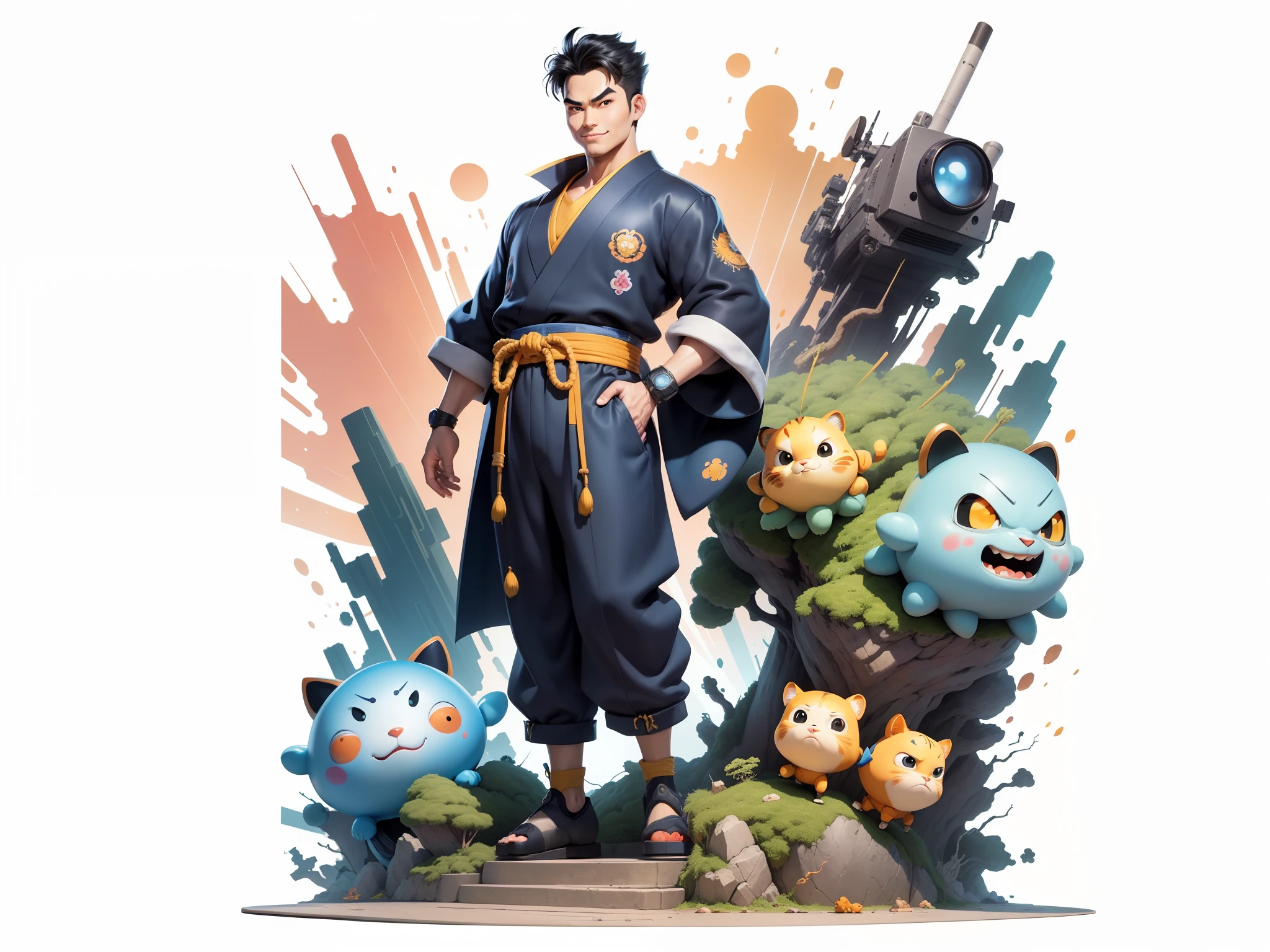 (Masterpiece), (Excellent), (Super Meticulous), (Full Body: 1.2), Super Young Man, Oriental Face, Japanese Kimono, Japanese Wind Thunder God, Dragon, Tiger, TV Anchor, Bust Portrait Illustration, Alone, Black Suit, Blue Tie, Slightly Chubby Face, Very Clean Face, No Beard, Black Super Short Hair, Black Eyes, Confident Smile, 3c Computer Sub-Products, iPad, iPhone, Digital Painting, 3D Character Design by Akira Toriyama and Mark Claireden and Pixar and Hayao Miyazaki, The illustration is a high-definition illustration in 4K resolution with very detailed facial features and cartoon-style visuals.