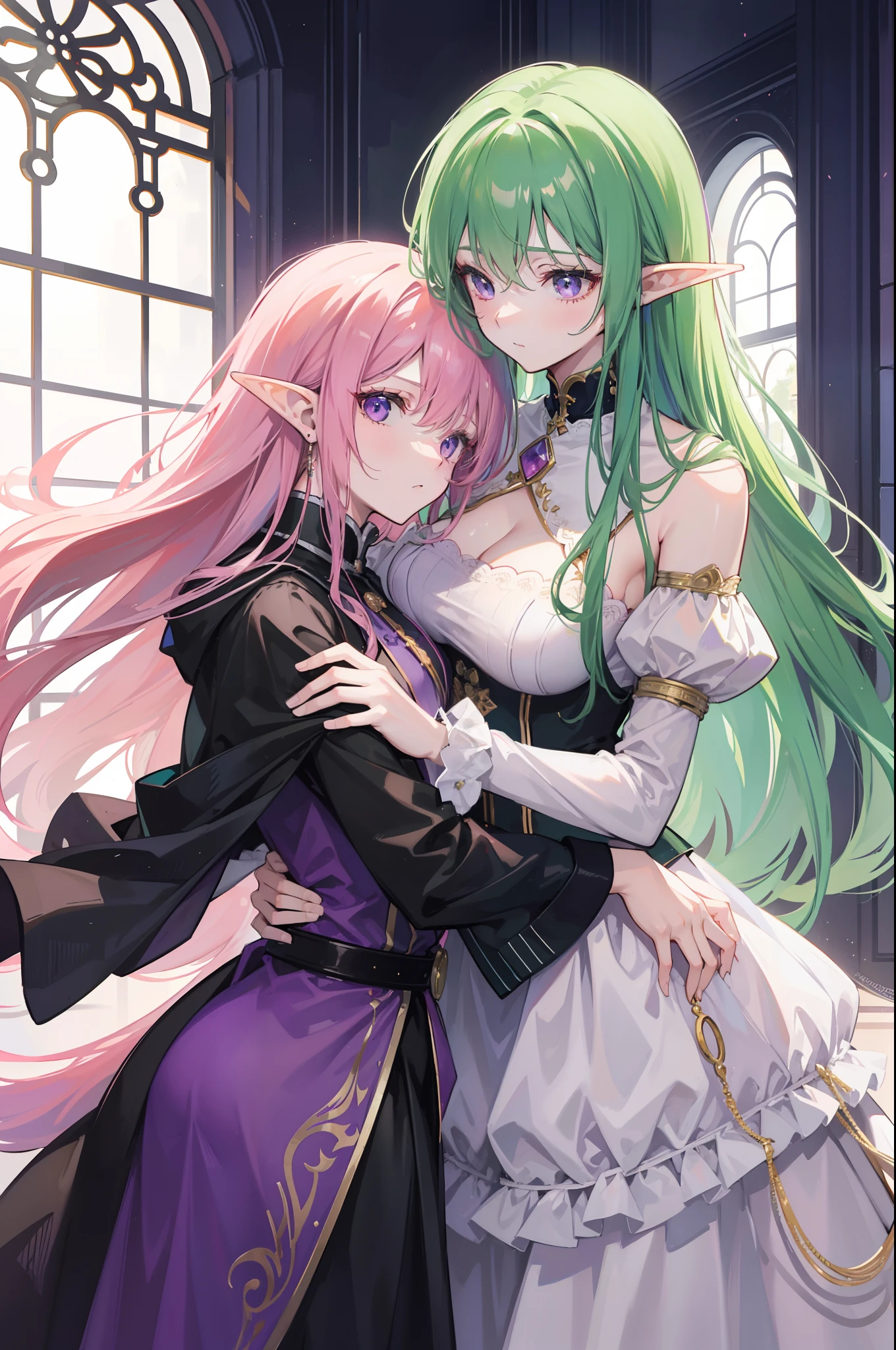 2 woman, One has long green hair............, purple eyes.. , The other has long pink hair............, High Quality, couple , Girls love girls............., Yuri,,A Beautiful Girl, lesbian, lover, knight , luxury, dynasty ,castles,knight .elf. Magic. magician. fantasy