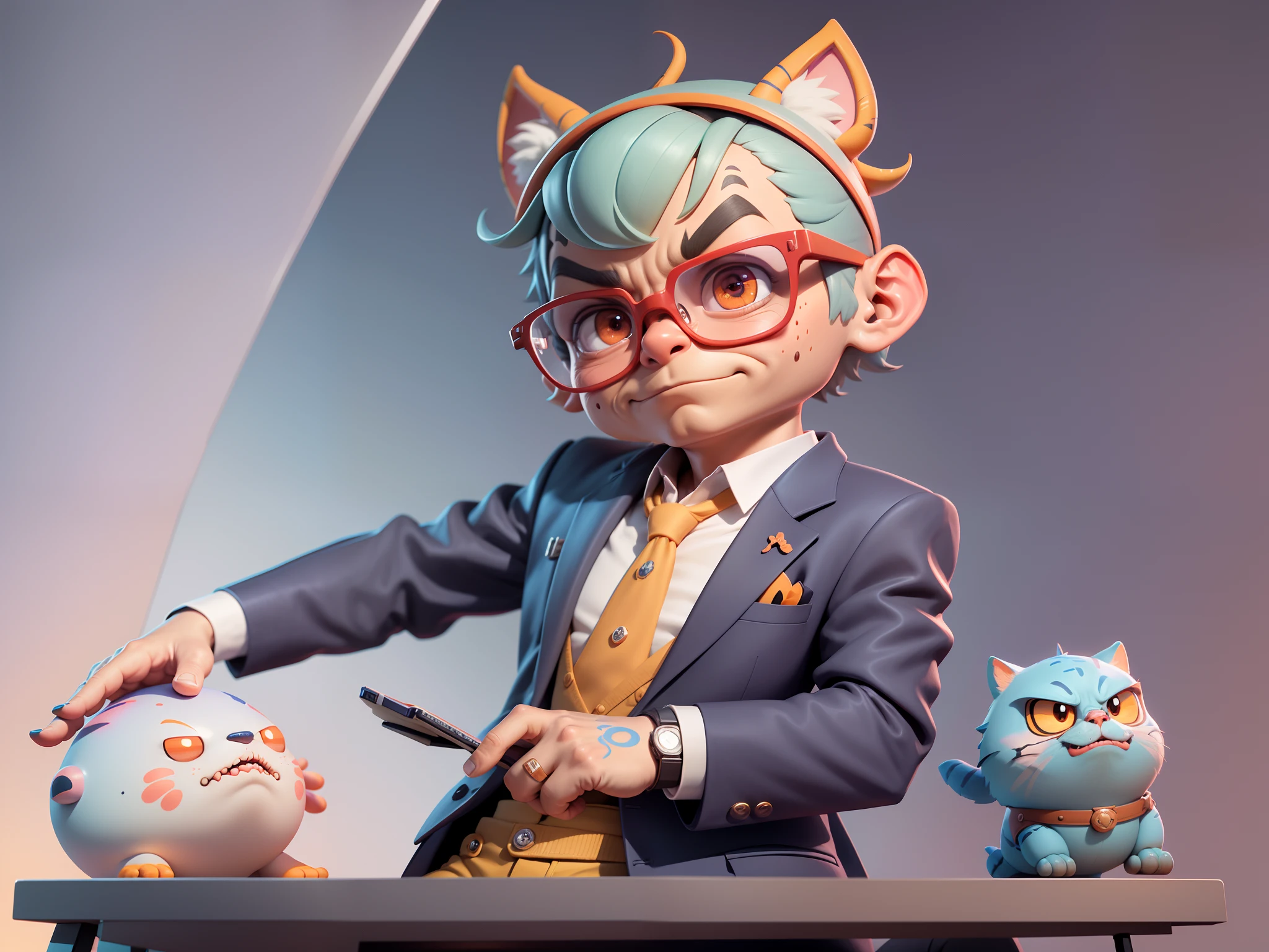 A young man in a suit, Short hair and glasses sat at his desk，holding laptop，digitial painting，tigre，3D character design by Mark Clairen and Pixar and Hayao Miyazaki and Akira Toriyama，4K HD illustration，Very detailed facial features and cartoon-style visuals。