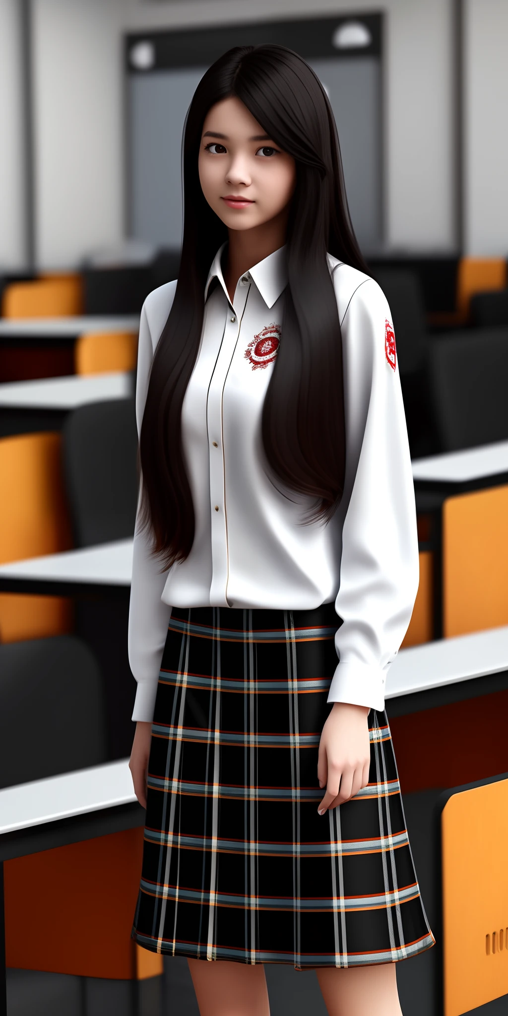 Black long hair, shy girl, plaid skirt, realistic and pure student