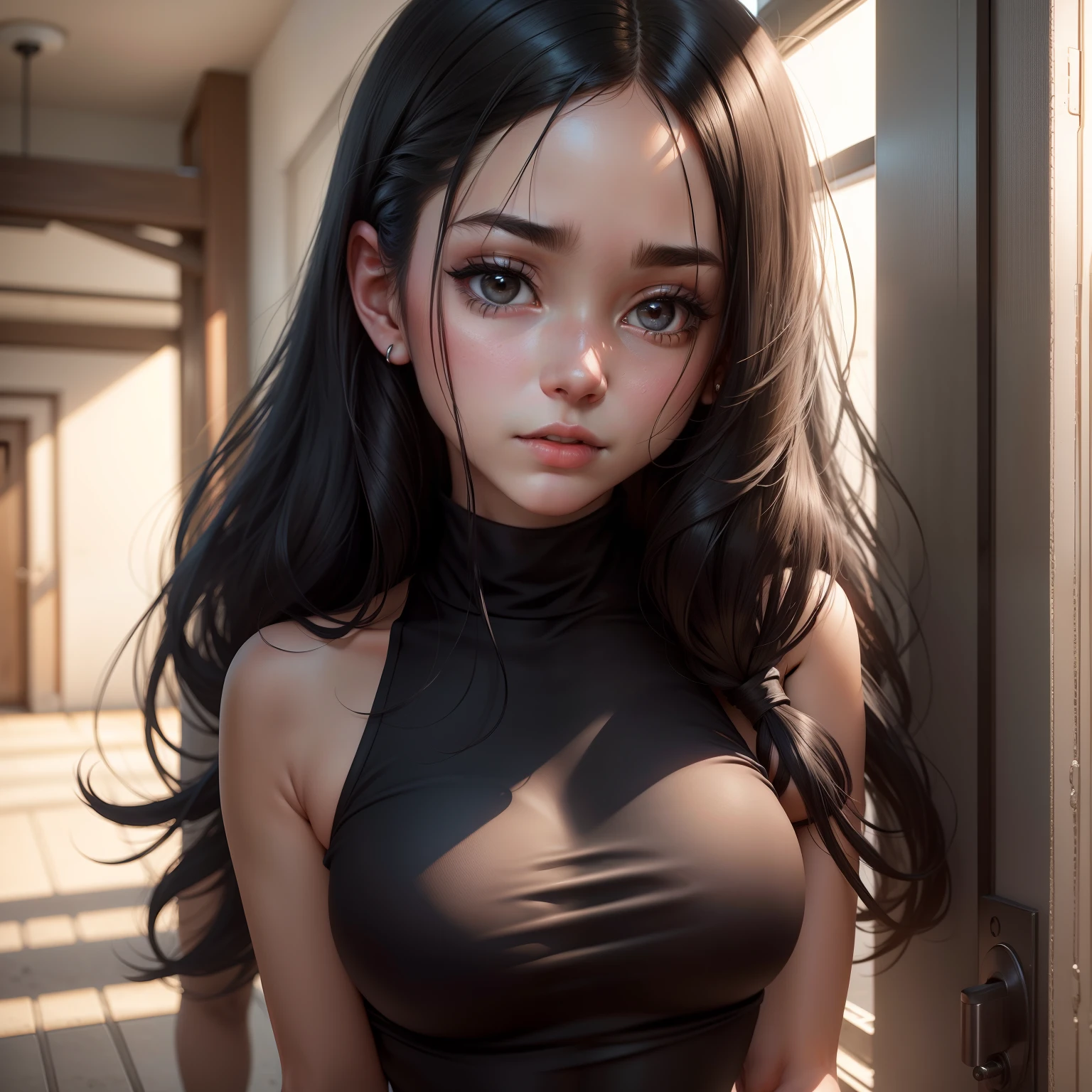 Realistic Girl with a perfect waist and small juicy breasts,is fully  and in HD,has a shy facial expression with black eyes looking at the POV,full hd,teenage girl has Black hairs and has thick juicy thighs