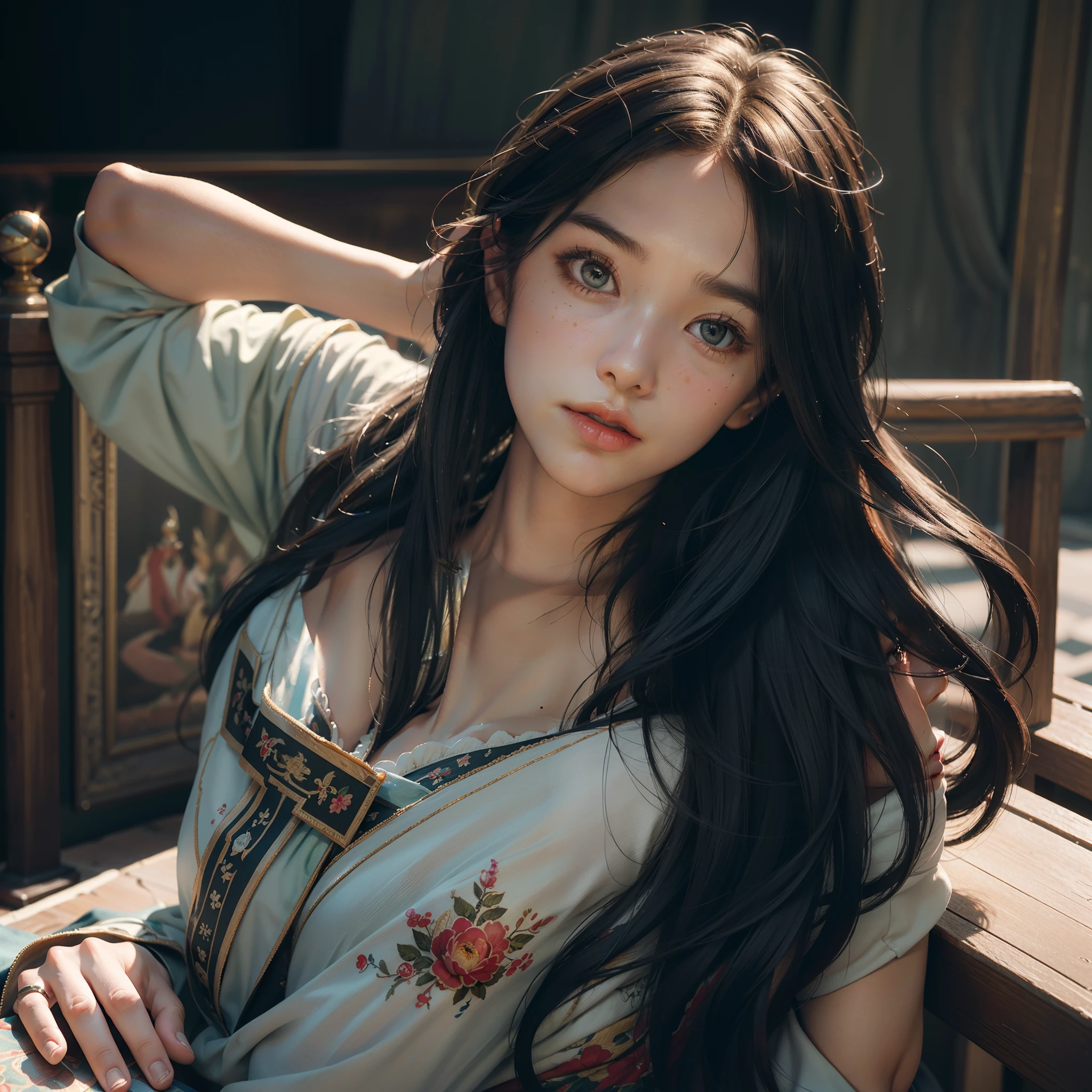 (RAW photo, best quality), (realistic, photo-realistic:1.3),best quality,highly detailed,masterpiece,ultra-detailed,illustration,1girl,upper_body,dynamic angle,world masterpiece theater,messy_long_hair,best quality,extremely detailed CG unity 8k wallpaper,ink,Amazing,cinematic lighting,lens_flare, dunhuang_style