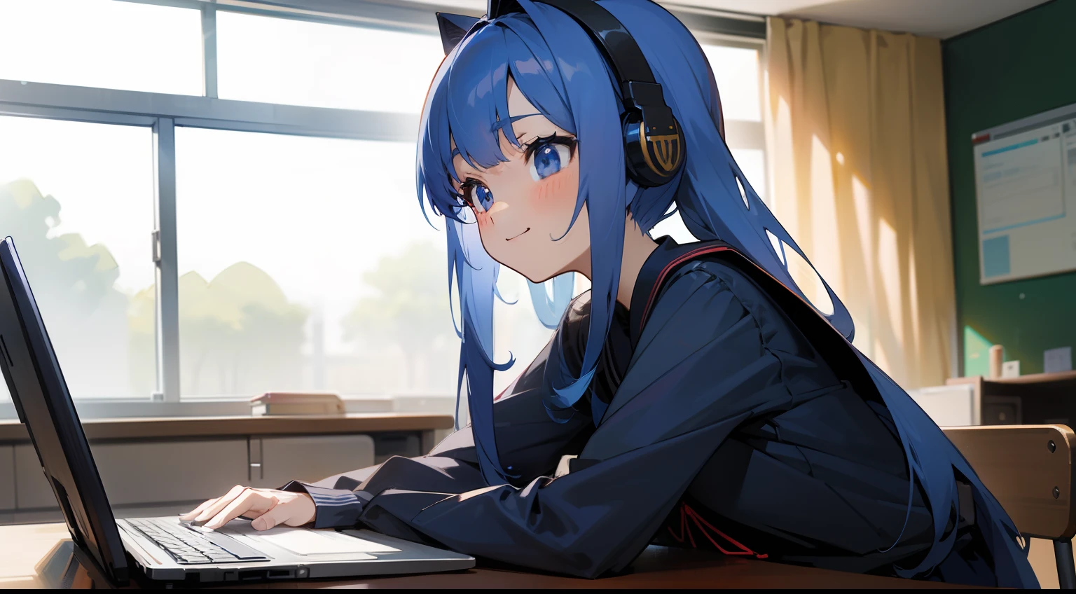 Schools、Classroom、Large area、Anime girl using laptop((I use a laptop))、20yr old、Upper body, mid-shot,(front facing)、 femele, Detailed eyes, ((Beautiful woman on computer)),Semi-long hair, Blue hair,(poneyTail)、 Bangs,Dark blue uniform、Red ribbons、pleatedskirt、headphones、Long sleeves,、frontage、 A slight smil、A smile