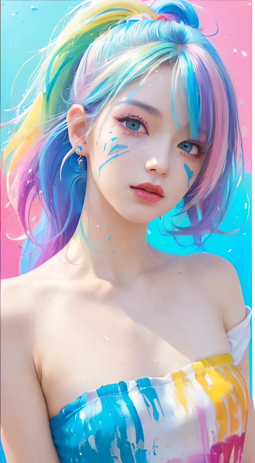 (Pink Fashion T-shirt:1.9),(Colorful hair: 1.8), (all the colours of the rainbow: 1.8),(((((vertical painting:1.6))), (painting:1.6),front, comics, illustrations, paintings, large eyes, crystal clear eyes,( rainbow color gradient high ponytail:1.7), exquisite makeup, closed mouth,(Small Fresh: 1.5),(Wipe Chest: 1.6) ,long eyelashes, white off shoulder T-shirt, White Shoulder Shirt,looking at the audience, large watery eyes, (rainbow colored hair:1.6), color splash, (solo:1.8), color splash, color explosion, thick paint style, messy lines, ((shining)),(colorful), (colorful), (colorful), colorful, Thick Paint Style, (Splash) (Color Splash), Vertical Painting, Upper Body, Paint Splash, Acrylic Pigment, Gradient, Paint, Highest Image Quality, Highest Quality, Masterpiece, Solo, Depth of Field, Face Paint, colorful clothes, (Elegant: 1.2), gorgeous,long hair, wind, (Elegant: 1.3), (Petals: 1.4),(((masterpiece))),(((best quality))),((ultra-detailed)),(illustration),(dynamic angle),((floating)),(paint),((disheveled hair)),(solo),(1girl) , (((detailed anima face))),((beautiful detailed face)),collar,bare shoulders,white hair, ((colorful hair)),((streaked hair)),beautiful detailed eyes,(Gradient color eyes),(((colorful eyes))),(((colorful background))),(((high saturation))),(((surrounded by colorful splashes))),