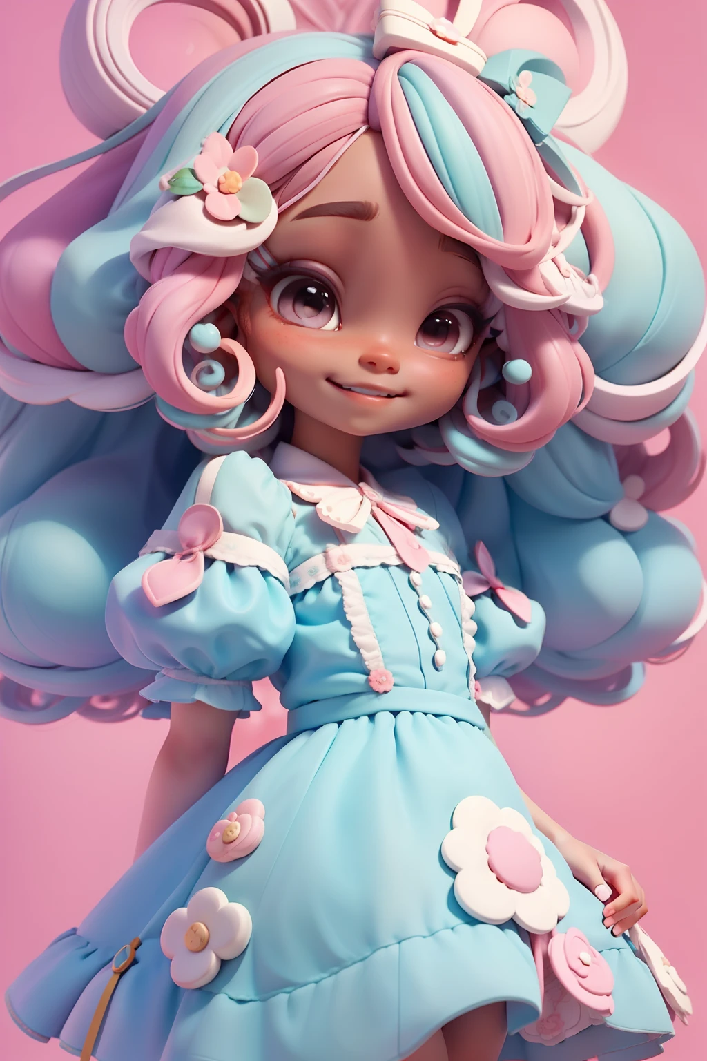 Loli Alice in the wonderland, afro, menina meiga, olhos castanhos delicados, pastel tone, cabelo e roupa multicolorido, sorriso delicado, fundo simples e branco