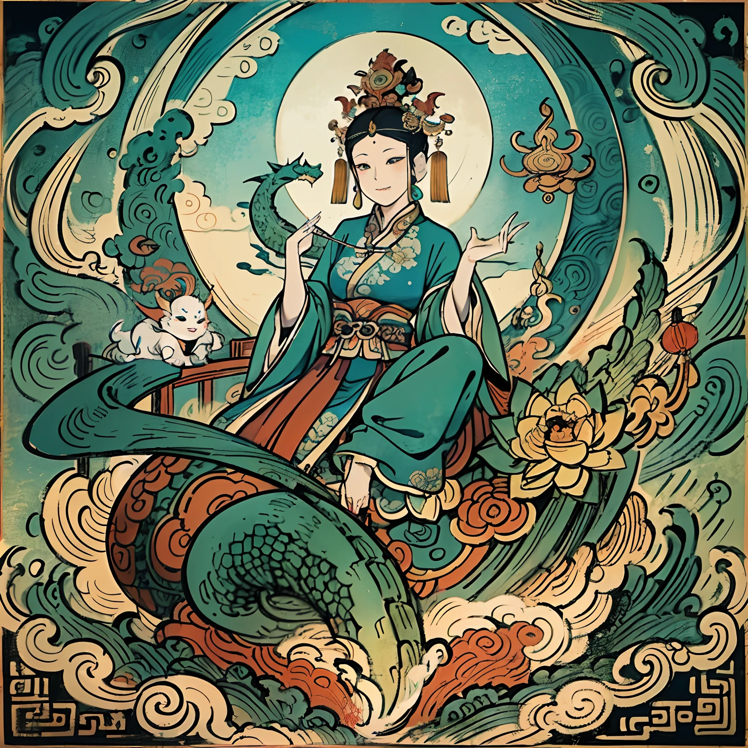 an ancient Chinese goddess, guanyin of the southern seas, Guanyin, Inspired by India, Avalokiteshvara Bodhisattva Riding Dragon,,Serene expression,shui mo hua,Buddha,Buddhist,Lotus,Chinese painting style,Thangka style