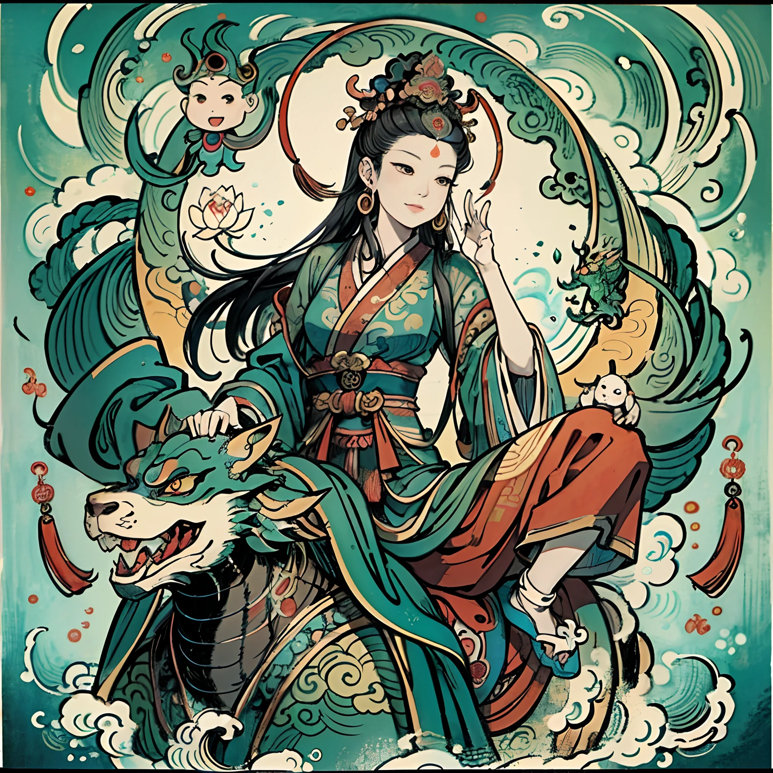 an ancient Chinese goddess, guanyin of the southern seas, Guanyin, Inspired by India, Avalokiteshvara Bodhisattva Riding Dragon,,Serene expression,shui mo hua,Buddha,Buddhist,Lotus,Chinese painting style,Thangka style