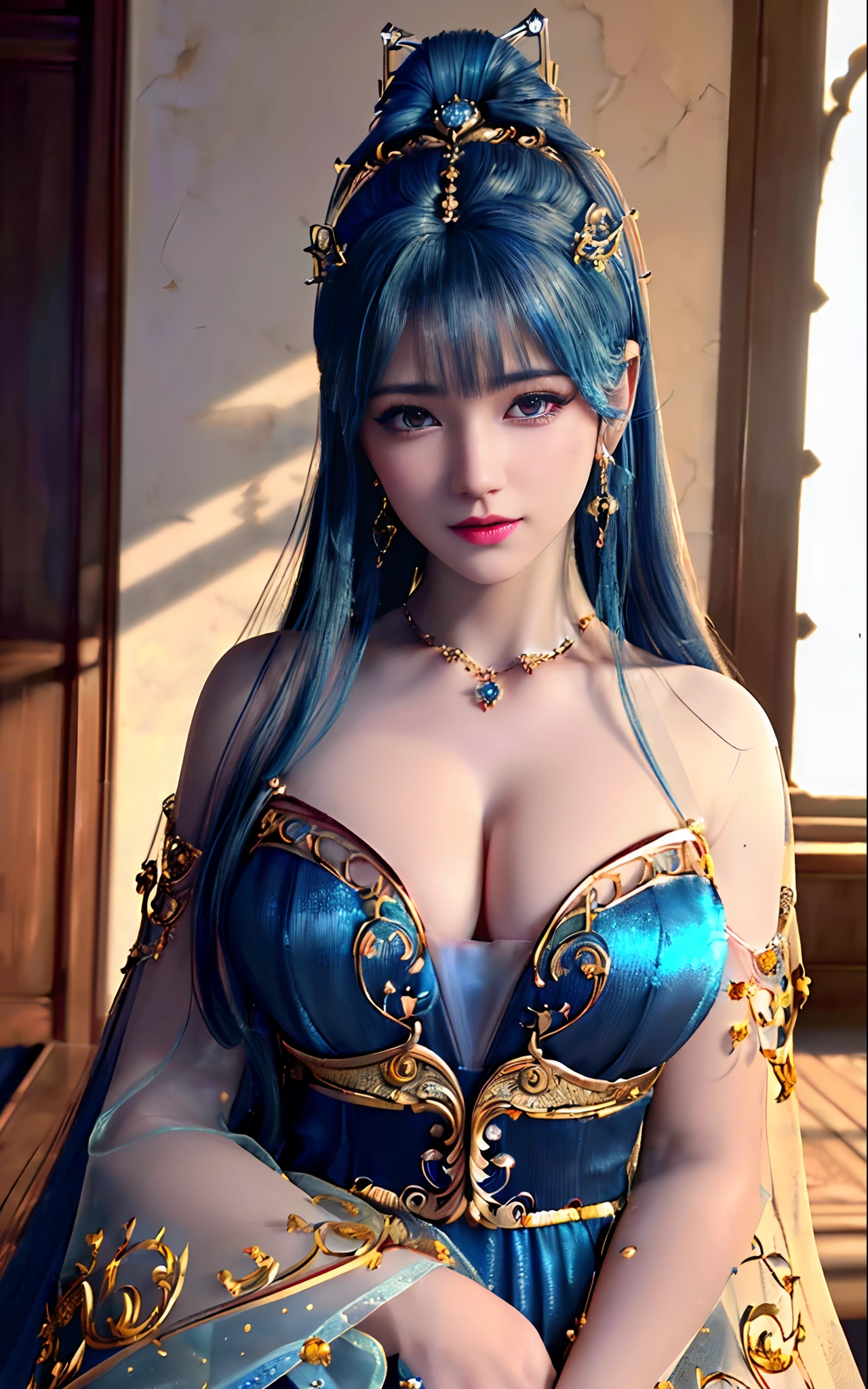 ((realisticity: 1.2)), ((best resolution: 8K UHD)), best quality,masterpiece,highres,cg,
((1 super detailed and super realistic girl)), ((very beautiful queen dazzling, super realistic, and super detailed)),((white skin, beautiful, smooth, youthful, super realistic and super detailed
)), long hair, ((super realistic and super detailed dress)), solo, ((super realistic, super beautiful, gorgeous and super detailed jewelry)), ((super beautiful, super realistic and super detailed dark red and golden yellow dress)),
((super beautiful, super realistic, super detailed diamond filled earrings)),
  ((super beautiful, super realistic and super detailed diamond filled hair ornament)), ((super beautiful upper body, super beautiful, super realistic and super detailed)), ((big breasts: 2.5)), 
((super grand, super realistic and super detailed royal palace backgroun))
((super beautiful, super beautiful, super realistic and super detailed hair bun)), ((super beautiful, super realistic and super detailed blue hair)),
candid, Photograph, high resolution, 8k,Bokeh,