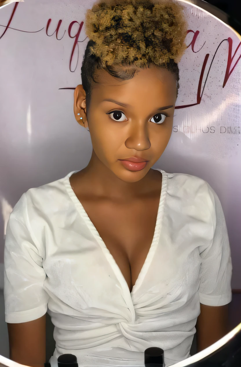 There is a woman with very short afro hair in a mirror, Mulher de 30 anos de Cuba, Parece Fabiula Nascimento, africana de pele clara, Maria Borges, ela tem cerca de 1 6 anos de idade, tez bonito, mulher jovem negra, jovem mulher negra, Anos Imane, foto de perfil headshot, Ela tem pele marrom oliva