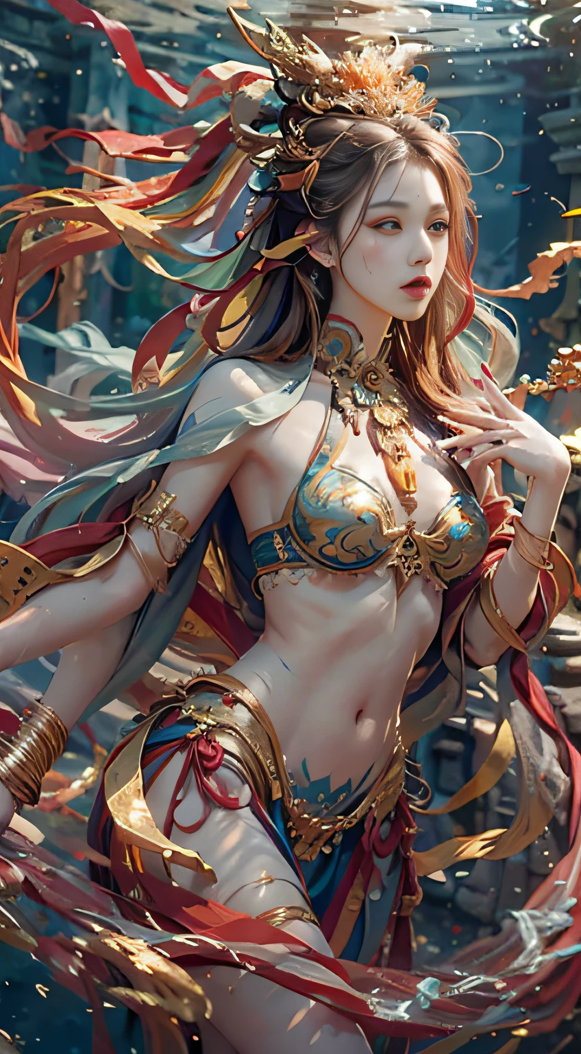 A girl, a dragon behind him, Dunhuang style, underwater, flying action, red ribbon wrapped around the body, surrealism, surrealism, supremacy, classicism, ultra hd, retina, masterpiece, ccurate, textured skin, anatomically correct, super detail, high detail, high quality, 1080P, high resolution, best quality, award-winning, 16k, 8k, 4k, hd