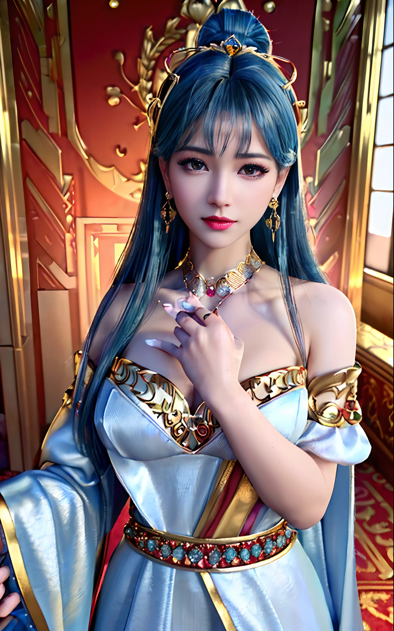 ((realisticity: 1.2)), ((best resolution: 8K UHD)), best quality,masterpiece,highres,cg,
((1 super detailed and super realistic girl)), ((very beautiful queen dazzling, super realistic, and super detailed)),((white skin, beautiful, smooth, youthful, super realistic and super detailed
)), long hair, ((super realistic and super detailed dress)), solo, ((super realistic, super beautiful, gorgeous and super detailed jewelry)), ((super beautiful, super realistic and super detailed dark red and golden yellow dress)),
((super beautiful, super realistic, super detailed diamond filled earrings)),
  ((super beautiful, super realistic and super detailed diamond filled hair ornament)), ((super beautiful upper body, super beautiful, super realistic and super detailed)), ((big breasts: 2.5)), 
((super grand, super realistic and super detailed royal palace backgroun))
((super beautiful, super beautiful, super realistic and super detailed hair bun)), ((super beautiful, super realistic and super detailed blue hair)),
candid, Photograph, high resolution, 8k,Bokeh,