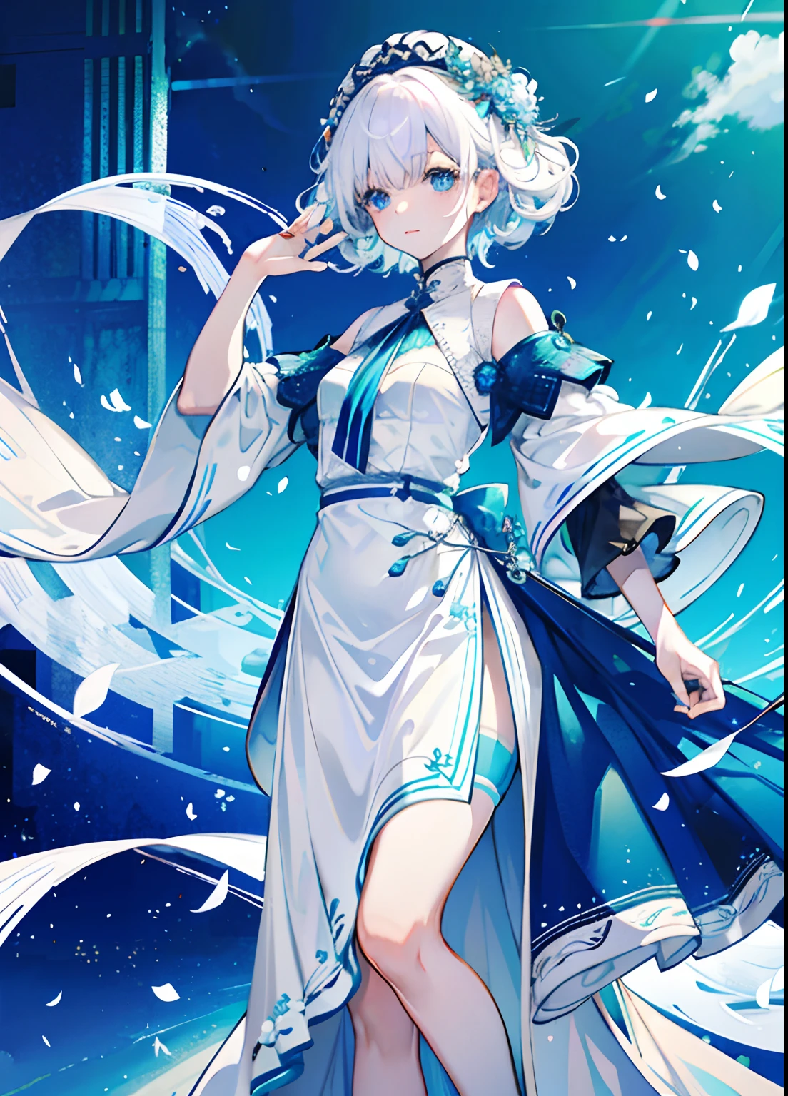 2. Light white pear blossom curly hair、Light white skin、Aqua blue eyes、blanche、blue attire、Goddess Temperament 6. Model works、Elegant gesture、Professional charm、Catwalk walk、Photography collaboration