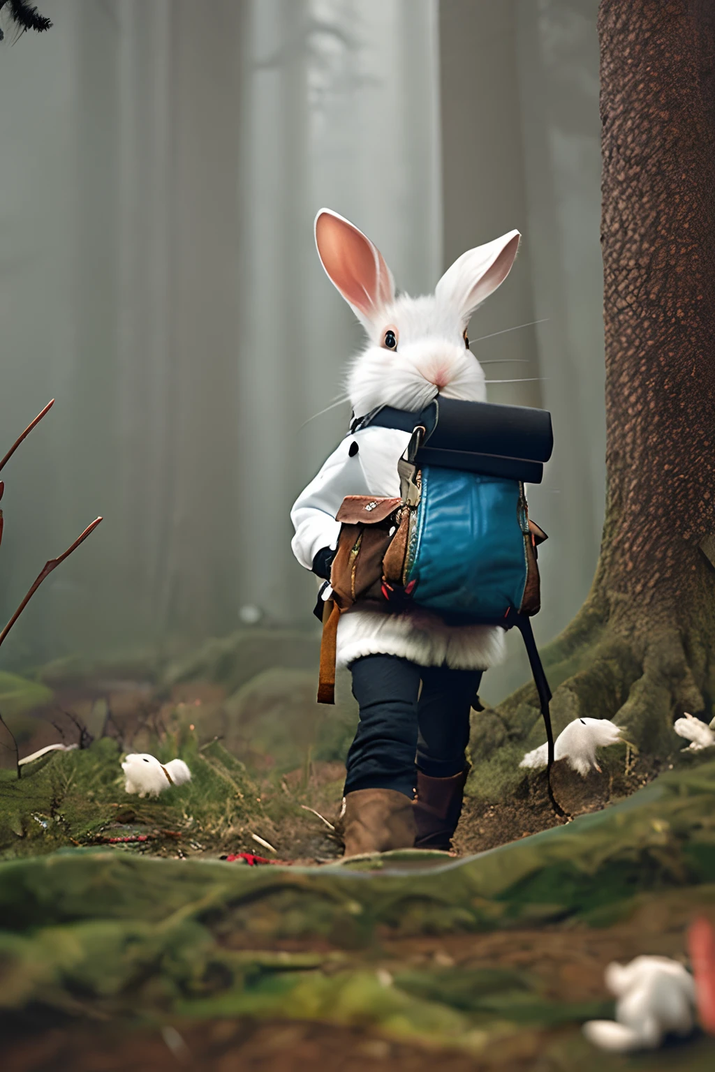Classic negative portrait photo,Fantasy video game character concept art,A cute white fluffy rabbit,Carrying a small brown leather backpack,Watch the map and hike through a forest full of garbage,dungeons and dragons,fantasy,rios,haze,Halo,blooms,Dramatic atmosphere,Dark fantasy films of the 1970s,at centre,the rule of thirds