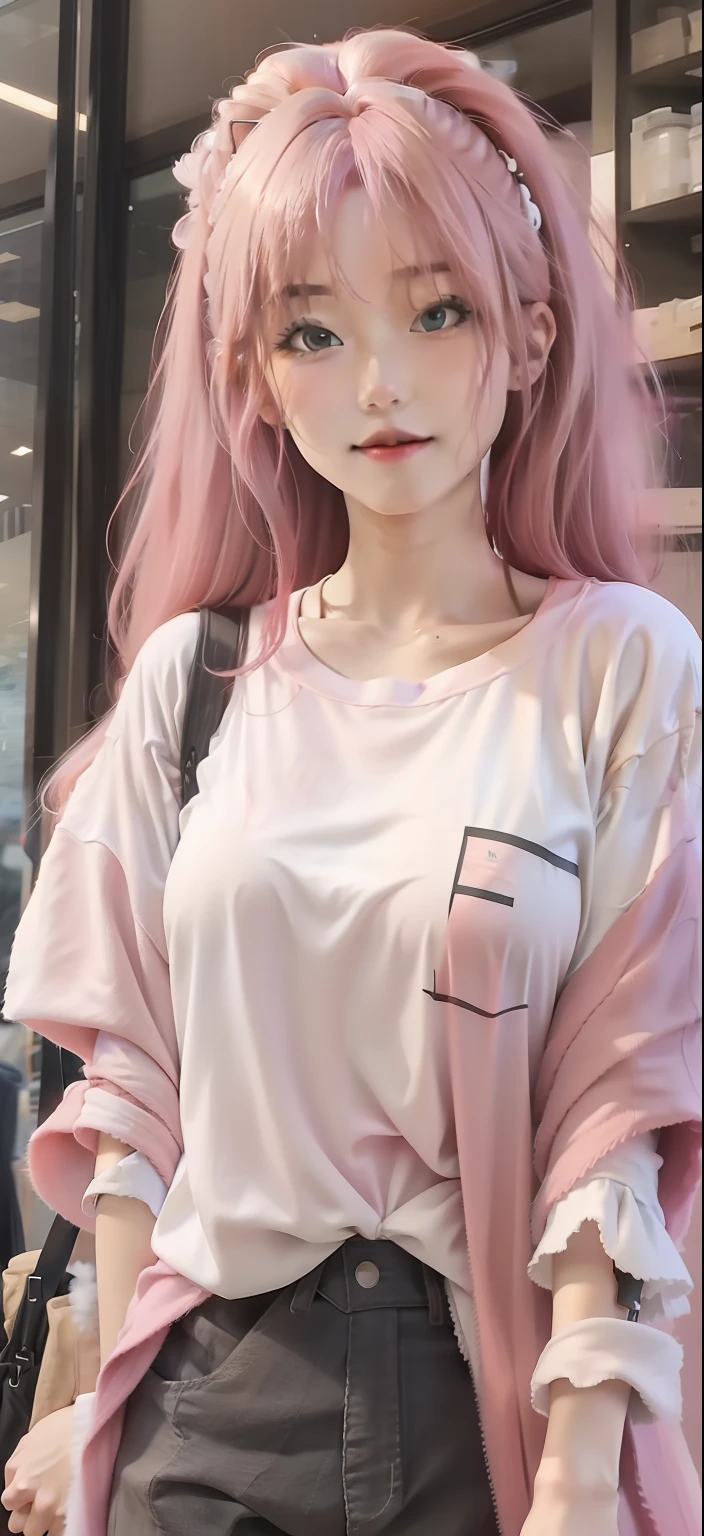 Raised sexy，Pink hair，white  shirt，long and fluffy hair