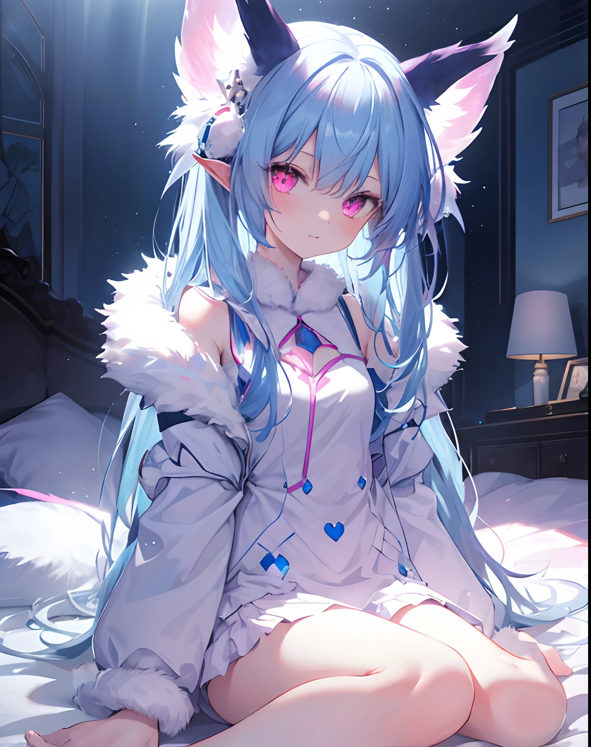 Very lovely，succubi，White fur，hyper cute face，Light blue element on fur，pink glowing eyes，whitet-shirt，Blue element on clothes，sit on a bed，look from down，Beautiful lights and shadows，ambient lights，Ultra-fine fur，volumettic light