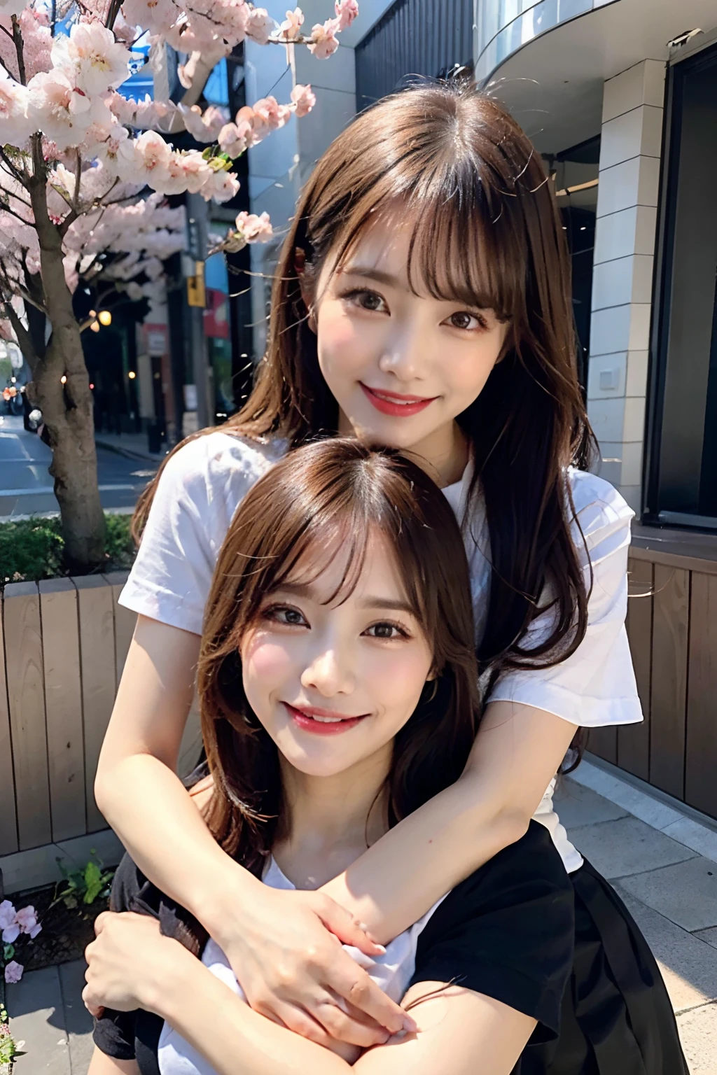 (8K,Raw photo、Raw photo、top-quality、Master masterpiece:1.2)、ultra-detailliert、Super Resolution、(Photorealsitic:1.3)、((Woman in the back hugs the woman in front))、((Woman hugging with arms around her from behind.))、high resolution RAW color photos、professional photograpy、Same skin type as humans、Female proofreading of Japan from head to waist、Blur the background、Draws faithfully to anatomy、Correct number of fingers、（Very beautiful and detailed night cherry blossom trees 1:1.37）((Cherry blossoms fluttering in the wind))、fullmoon、Very detailed and beautiful、Ultra-high image quality、Half-up hairstyle、Bun hair、poneyTail、High school girl in sailor suit、（Puffy cheeks）Detailed uniforms、Each face has its own distinctive features、Different face patterns、Farbe々Hairstyle、Brown hair fluttering in the night breeze、Hair swaying and sexy、Very detailed beautiful girl、（Pink Eye Shadow）、Red tie、Smiling smile、